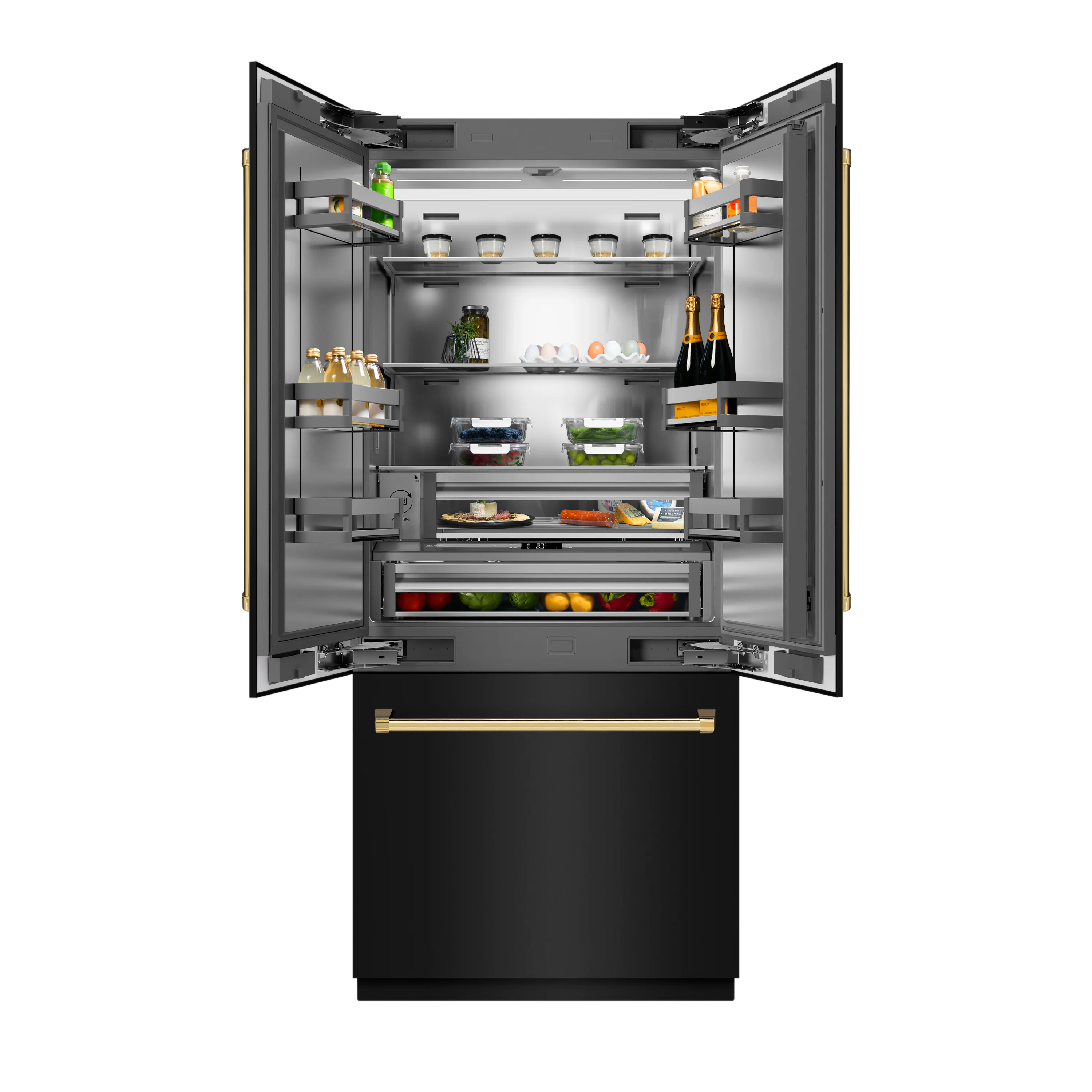 ZLINE Autograph Edition 36 in. 19.6 cu. ft. French Door Built-In Bottom Freezer Refrigerator with Water Dispenser and Ice Maker in Black Stainless Steel with Stainless Steel Interior and Polished Gold Accents (SRBIVZ-BS-36-G)