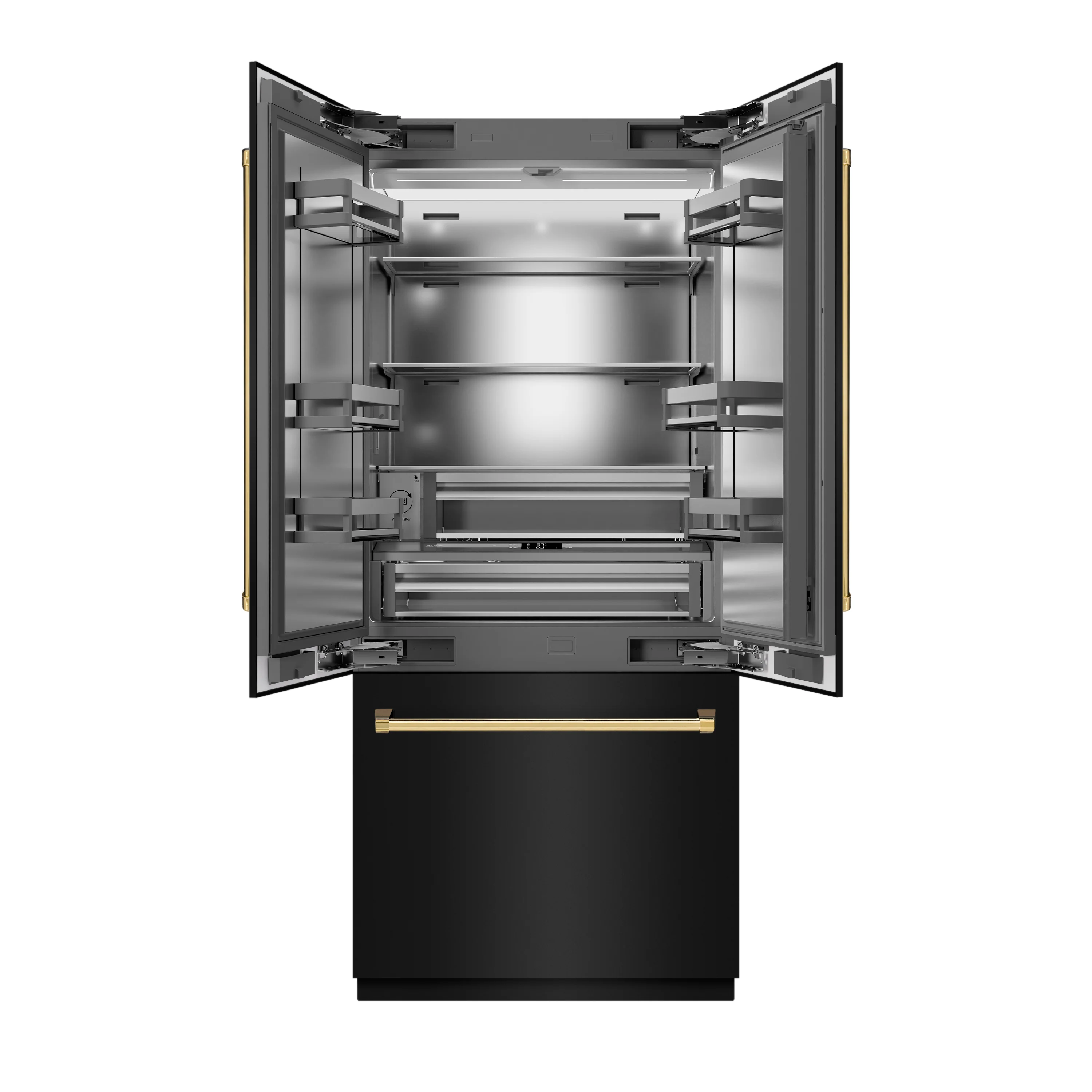 ZLINE Autograph Edition 36 in. 19.6 cu. ft. French Door Built-In Bottom Freezer Refrigerator with Water Dispenser and Ice Maker in Black Stainless Steel with Stainless Steel Interior and Polished Gold Accents (SRBIVZ-BS-36-G) - Image 3