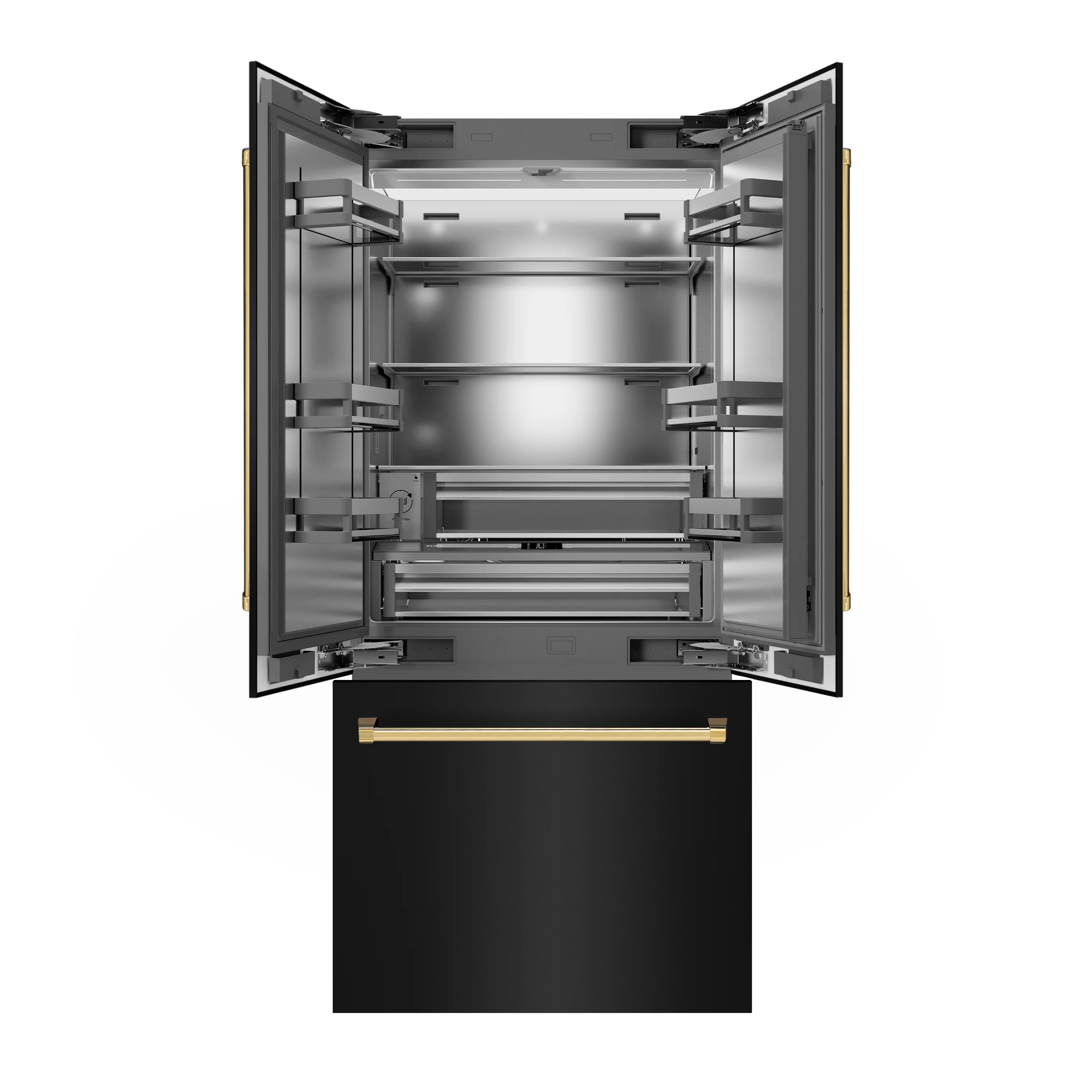 ZLINE Autograph Edition 36 in. 19.6 cu. ft. French Door Built-In Bottom Freezer Refrigerator with Water Dispenser and Ice Maker in Black Stainless Steel with Stainless Steel Interior and Polished Gold Accents (SRBIVZ-BS-36-G) - Image 4