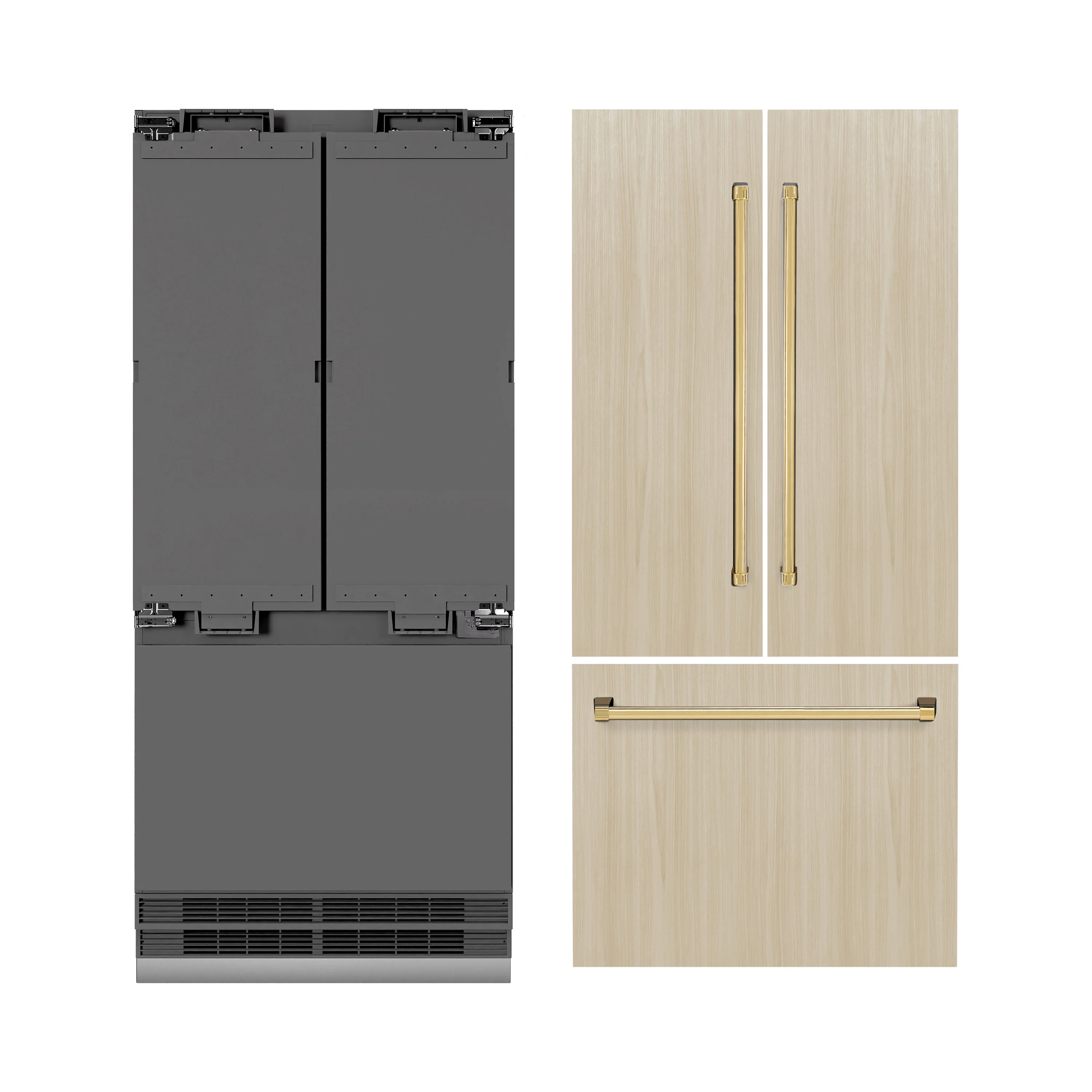 ZLINE Autograph Edition 36 in. 19.6 cu. ft. Panel Ready French Door Built-In Bottom Freezer Refrigerator with Water Dispenser and Ice Maker with Graphite Gray Interior and Polished Gold Accents (GRBIVZ-36-G) - Image 4