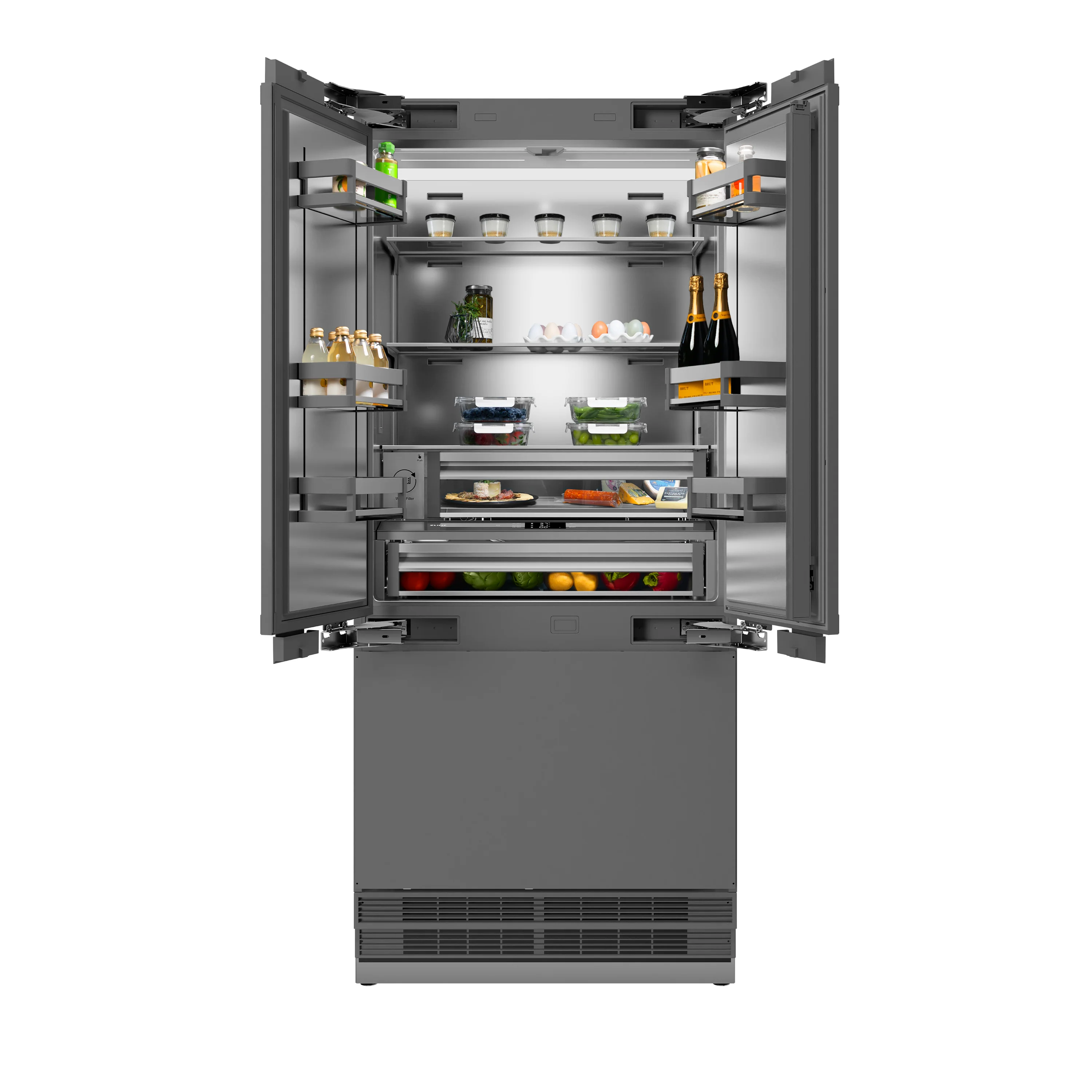ZLINE Autograph Edition 36 in. 19.6 cu. ft. Panel Ready French Door Built-In Bottom Freezer Refrigerator with Water Dispenser and Ice Maker with Stainless Steel Interior and Champagne Bronze Accents (SRBIVZ-36-CB) - Image 4