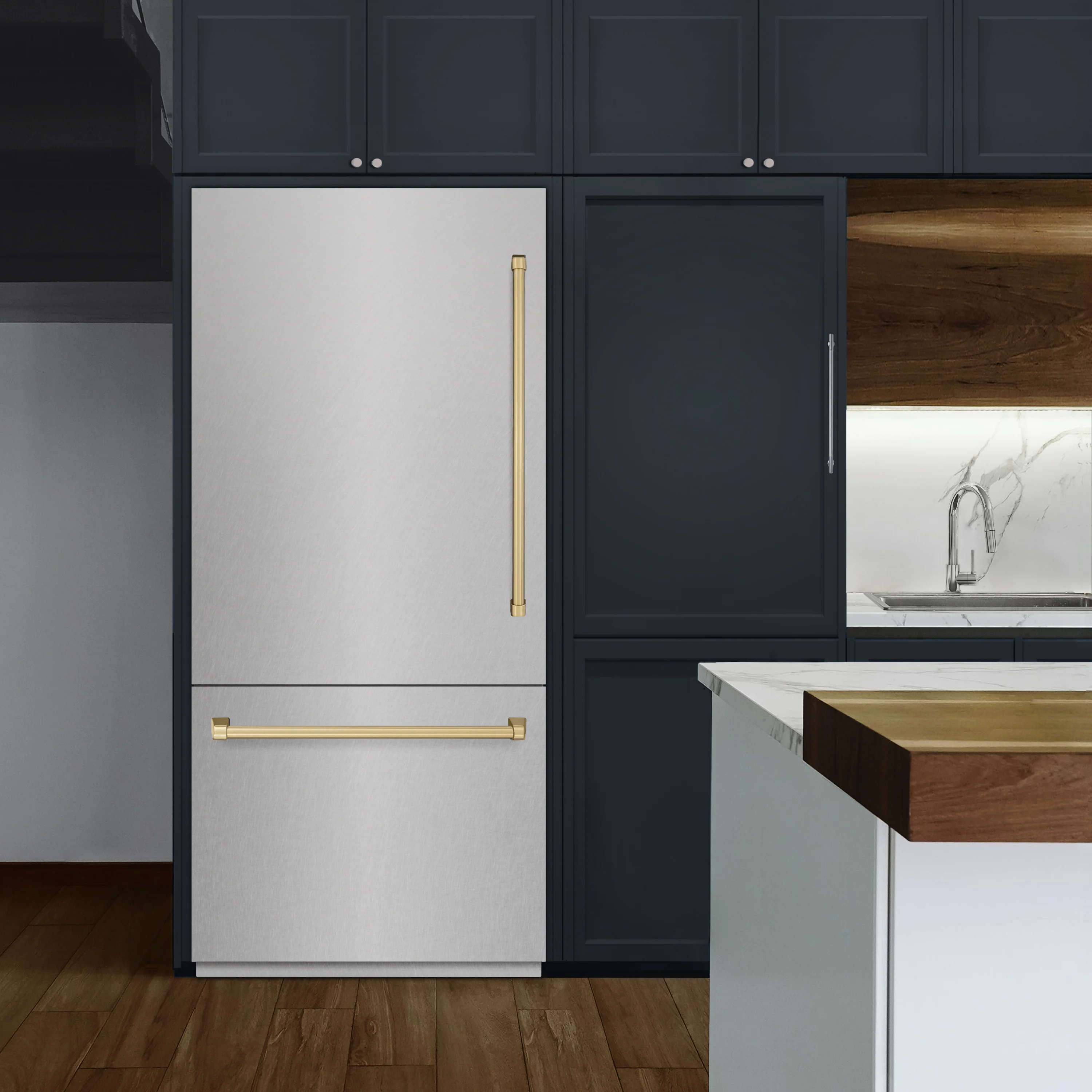 ZLINE Autograph Edition 36 in. 19.8 cu. ft. Built-In Bottom Freezer Refrigerator with Water Dispenser and Ice Maker in Satin Stainless Steel and Champagne Bronze Accents (RBITZ-SN-36-CB) - Image 2
