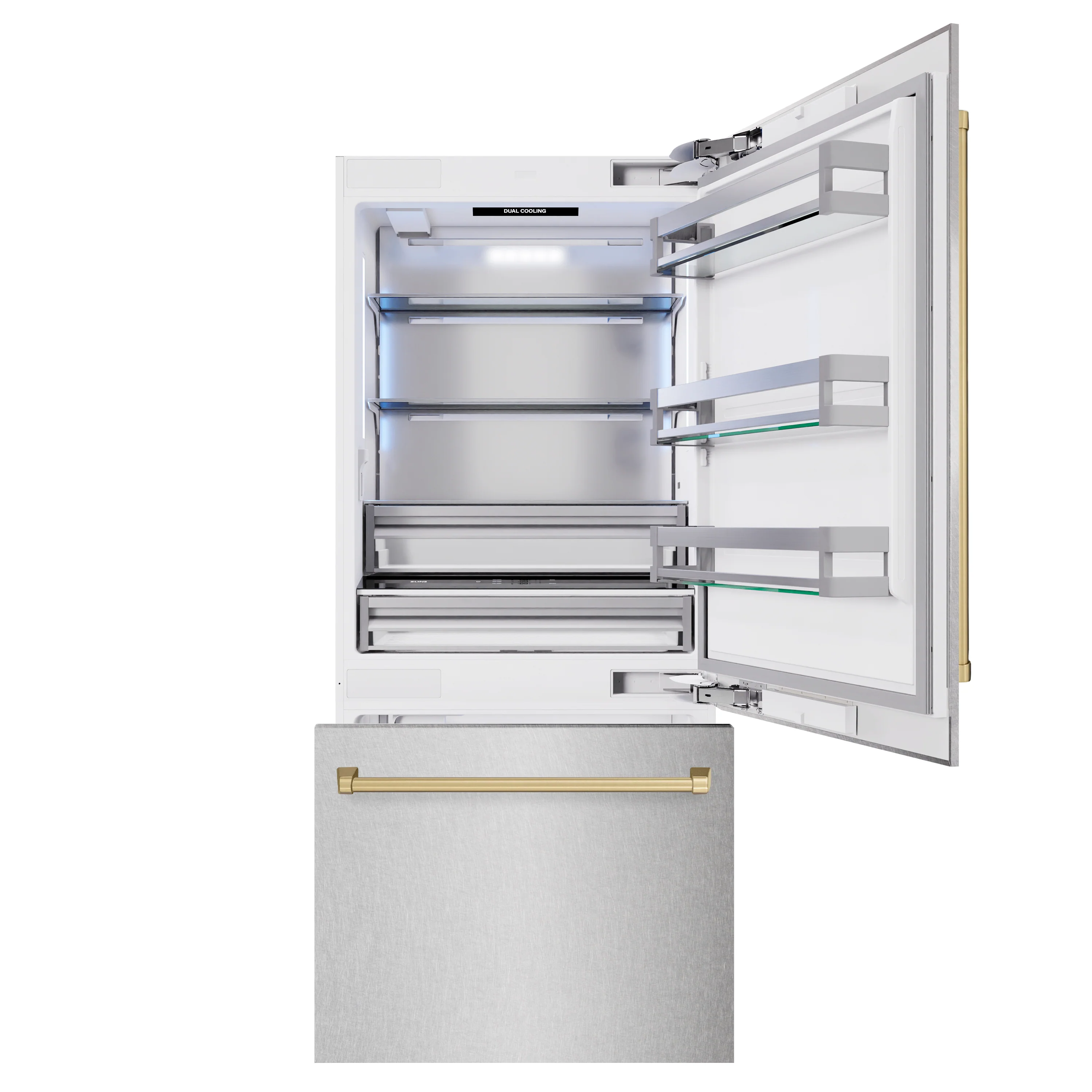 ZLINE Autograph Edition 36 in. 19.8 cu. ft. Built-In Bottom Freezer Refrigerator with Water Dispenser and Ice Maker in Satin Stainless Steel and Champagne Bronze Accents (RBITZ-SN-36-CB) - Image 5