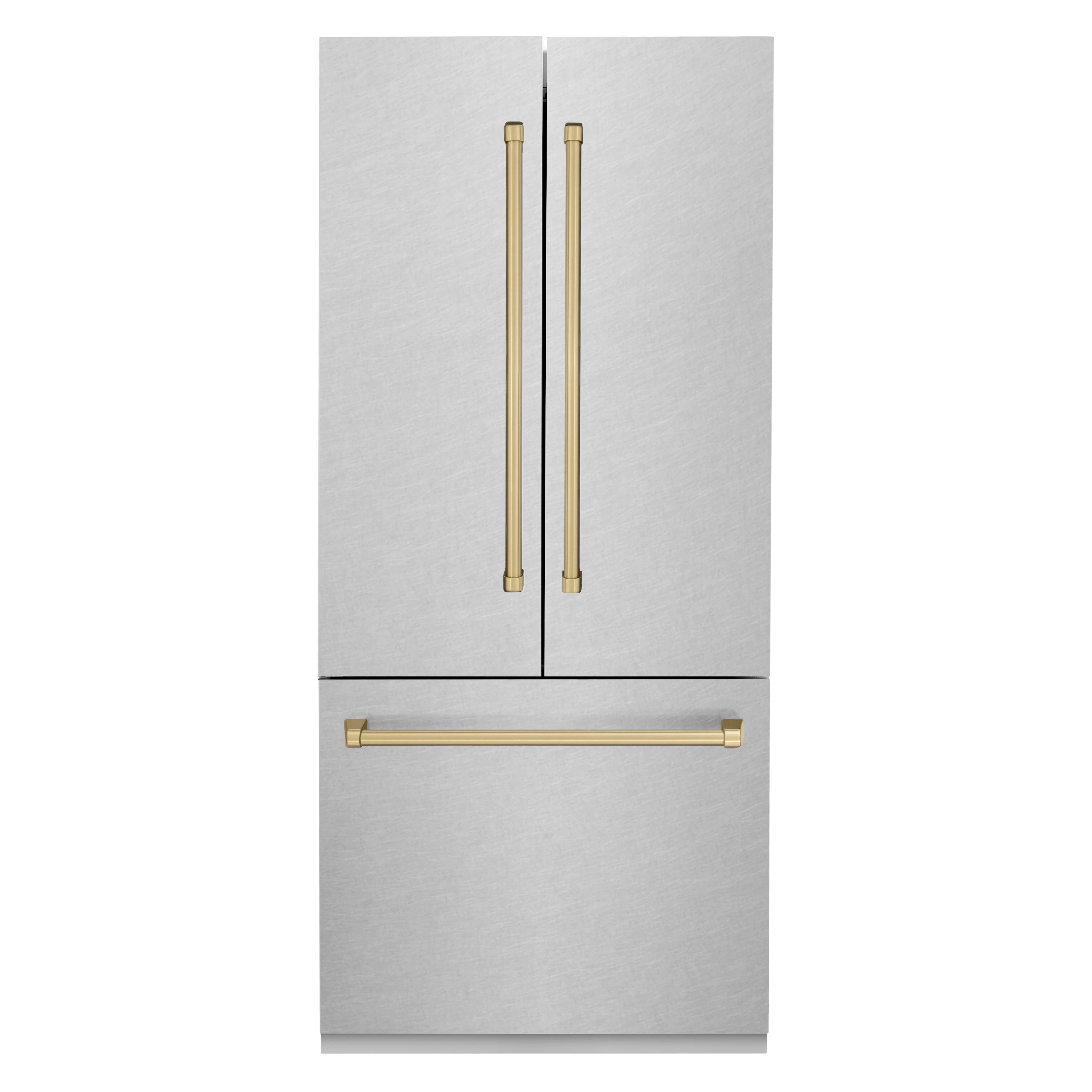 ZLINE Autograph Edition 36 in. 19.6 cu. ft. French Door Built-In Bottom Freezer Refrigerator with Water Dispenser and Ice Maker in Satin Stainless Steel with Champagne Bronze Accents (RBIVZ-SN-36-CB) - Image 3