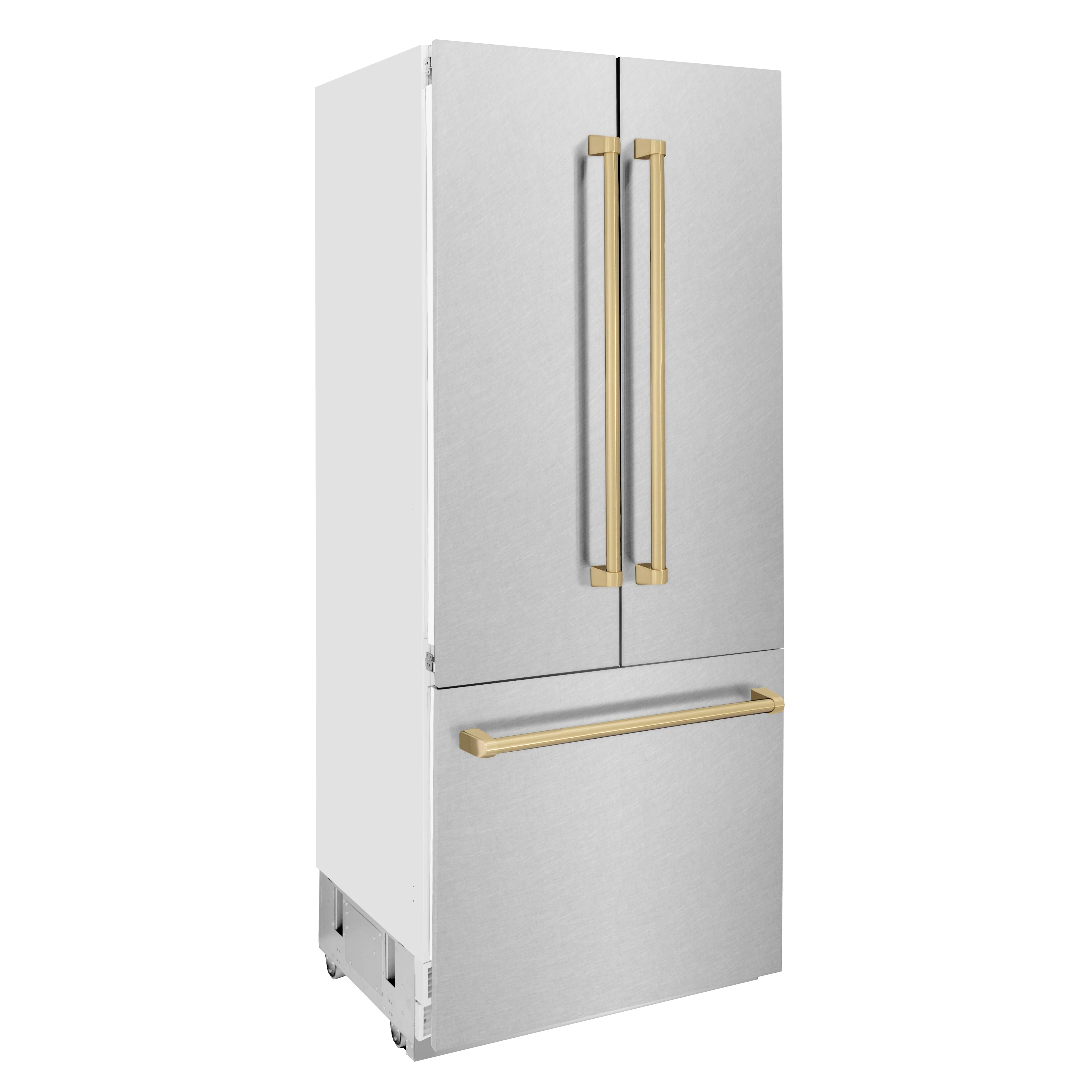 ZLINE Autograph Edition 36 in. 19.6 cu. ft. French Door Built-In Bottom Freezer Refrigerator with Water Dispenser and Ice Maker in Satin Stainless Steel with Champagne Bronze Accents (RBIVZ-SN-36-CB) - Image 4