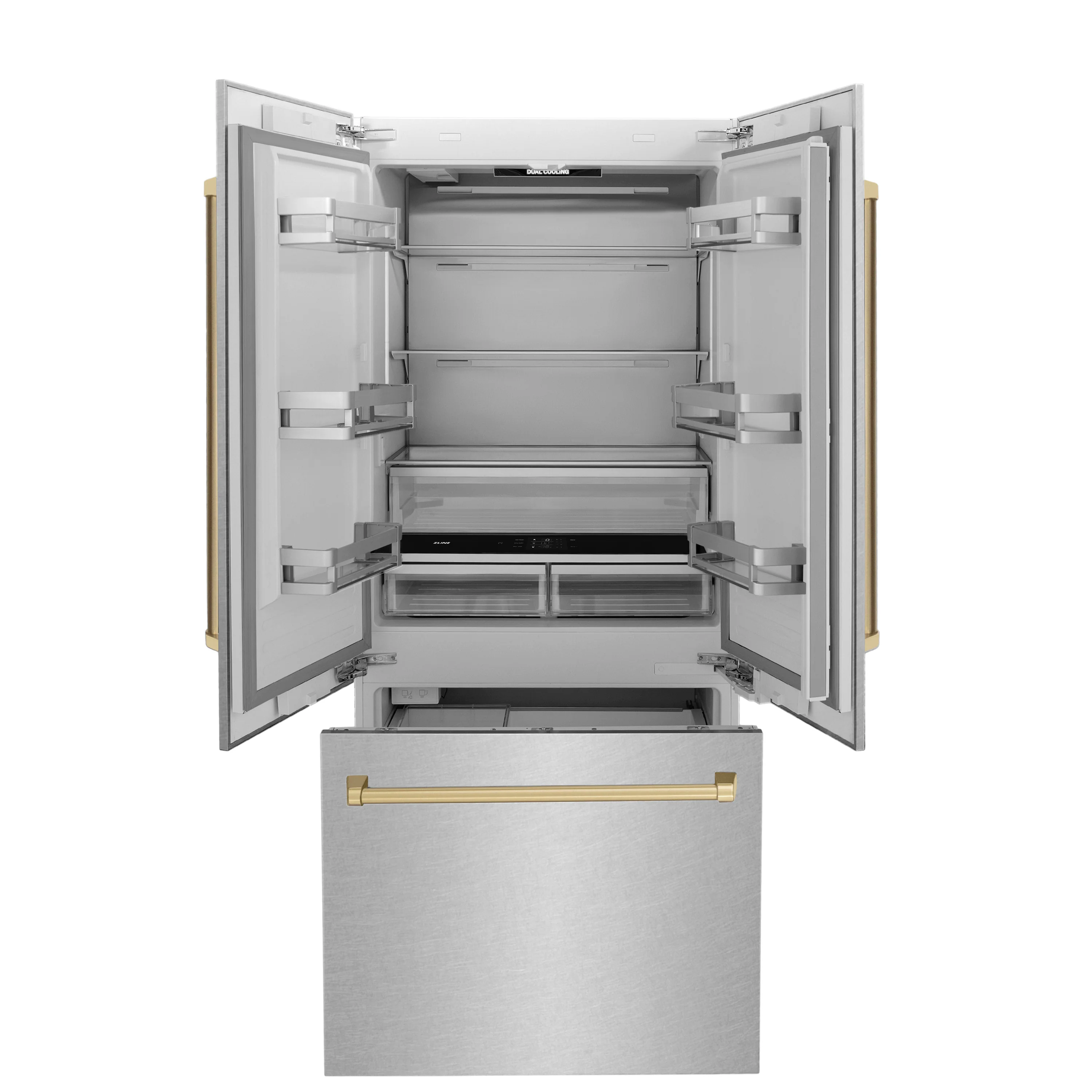 ZLINE Autograph Edition 36 in. 19.6 cu. ft. French Door Built-In Bottom Freezer Refrigerator with Water Dispenser and Ice Maker in Satin Stainless Steel with Champagne Bronze Accents (RBIVZ-SN-36-CB) - Image 7