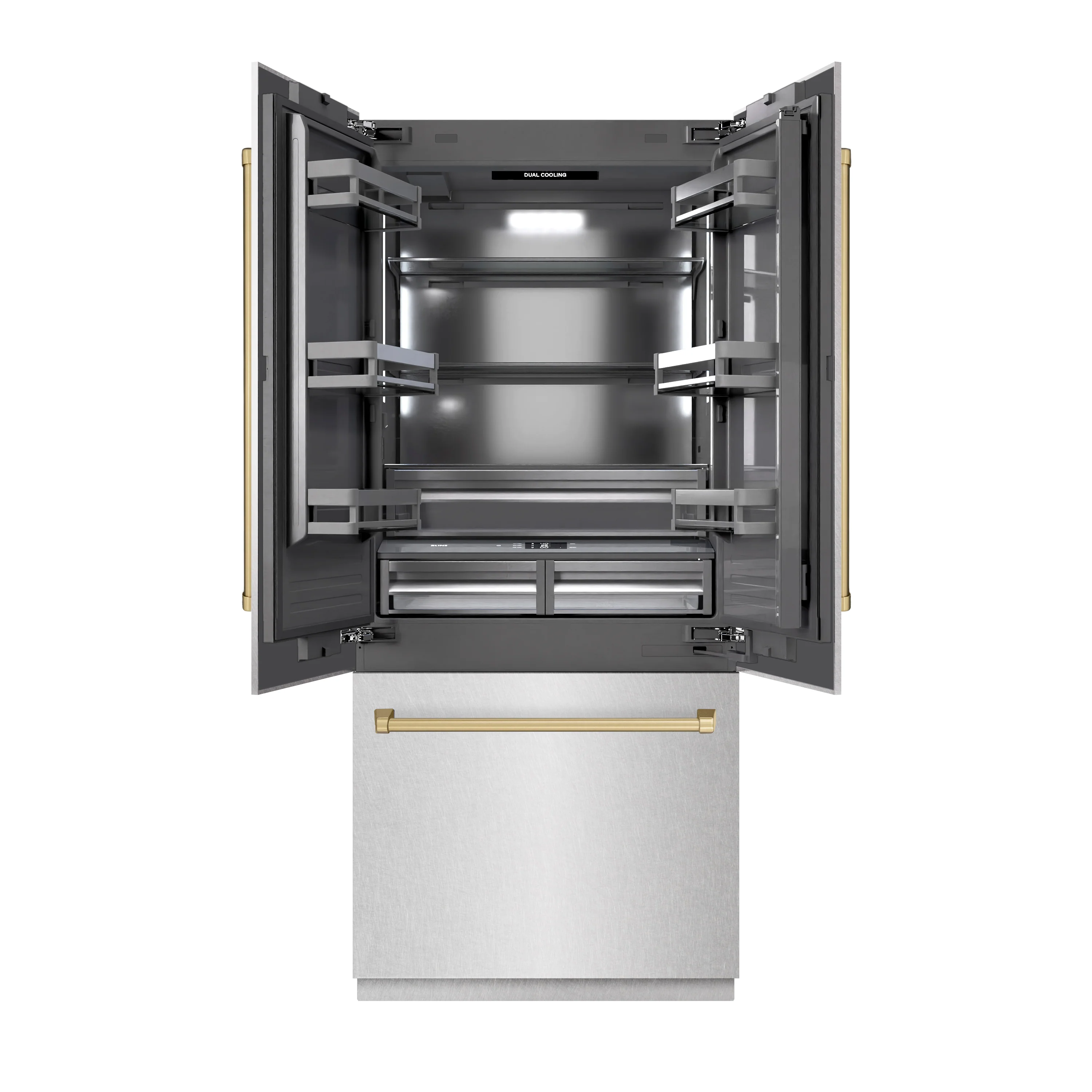 ZLINE Autograph Edition 36 in. 19.6 cu. ft. French Door Built-In Bottom Freezer Refrigerator with Water Dispenser and Ice Maker in Satin Stainless Steel with Graphite Gray Interior and Champagne Bronze Accents (GRBIVZ-SN-36-CB)