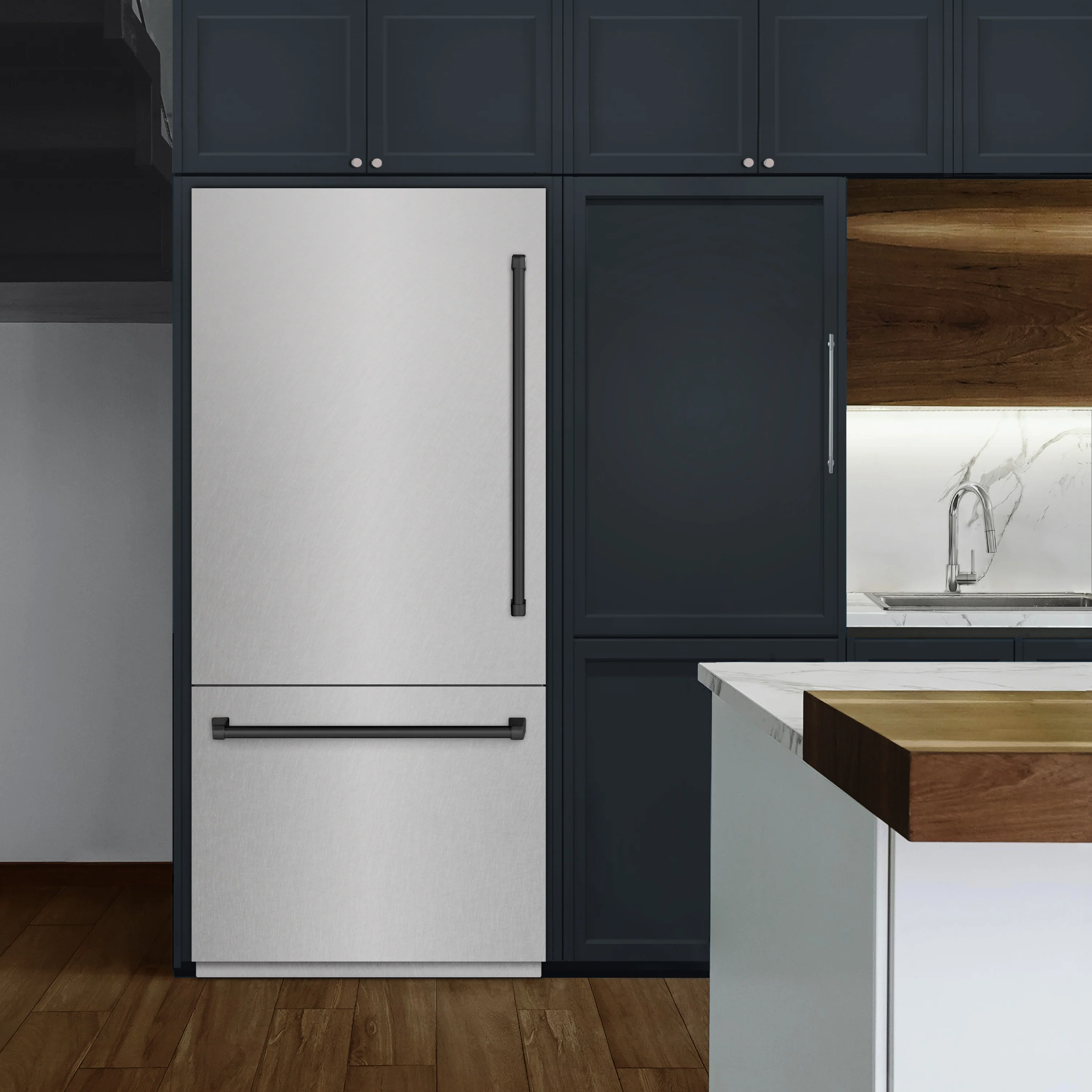 ZLINE Autograph Edition 36 in. 19.8 cu. ft. Built-In Bottom Freezer Refrigerator with Water Dispenser and Ice Maker in Satin Stainless Steel with Graphite Gray Interior and Matte Black Accents (GRBITZ-SN-36-MB) - Image 2
