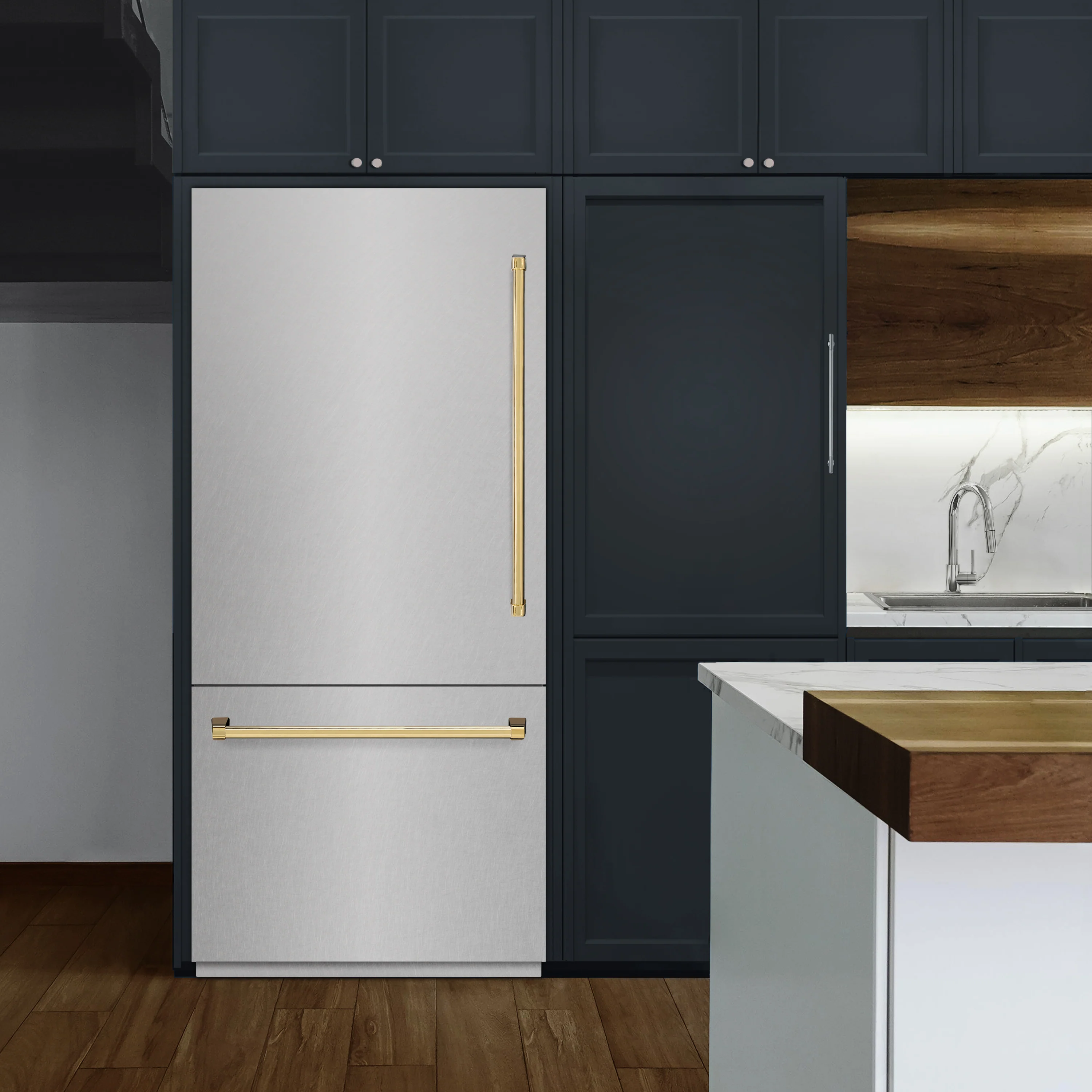 ZLINE Autograph Edition 36 in. 19.8 cu. ft. Built-In Bottom Freezer Refrigerator with Water Dispenser and Ice Maker in Satin Stainless Steel with Graphite Gray Interior and Polished Gold Accents (GRBITZ-SN-36-G) - Image 2