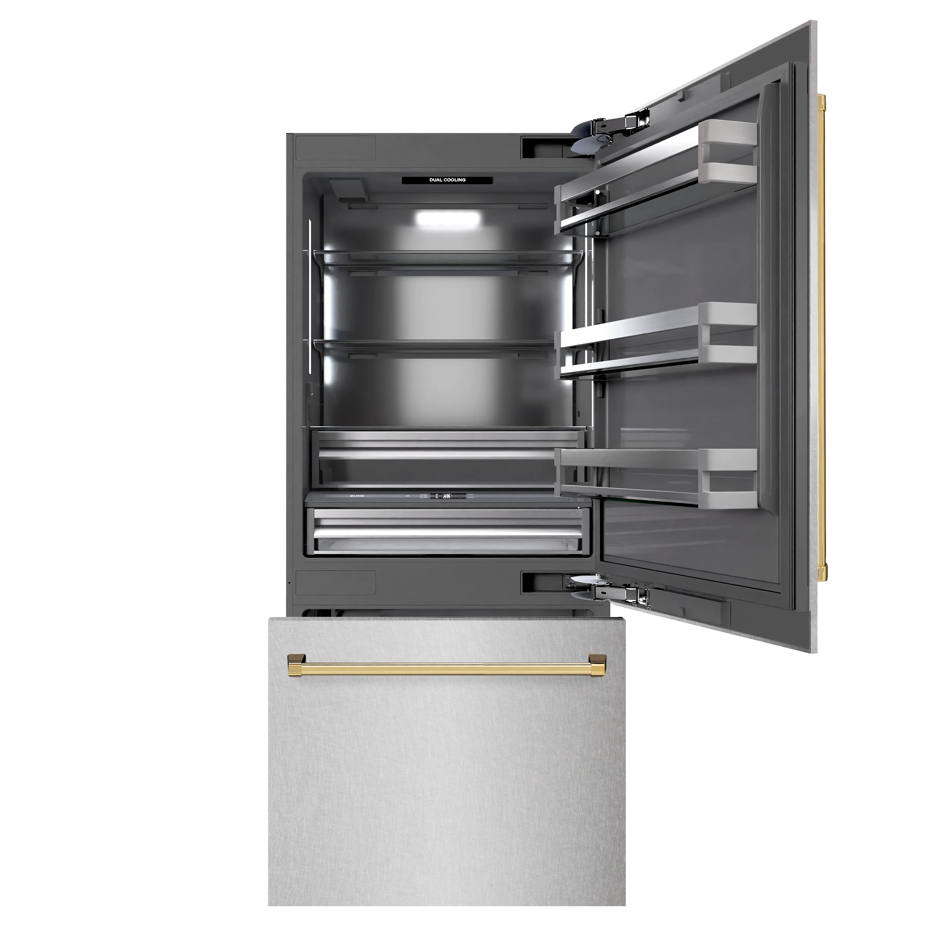 ZLINE Autograph Edition 36 in. 19.8 cu. ft. Built-In Bottom Freezer Refrigerator with Water Dispenser and Ice Maker in Satin Stainless Steel with Graphite Gray Interior and Polished Gold Accents (GRBITZ-SN-36-G) - Image 4
