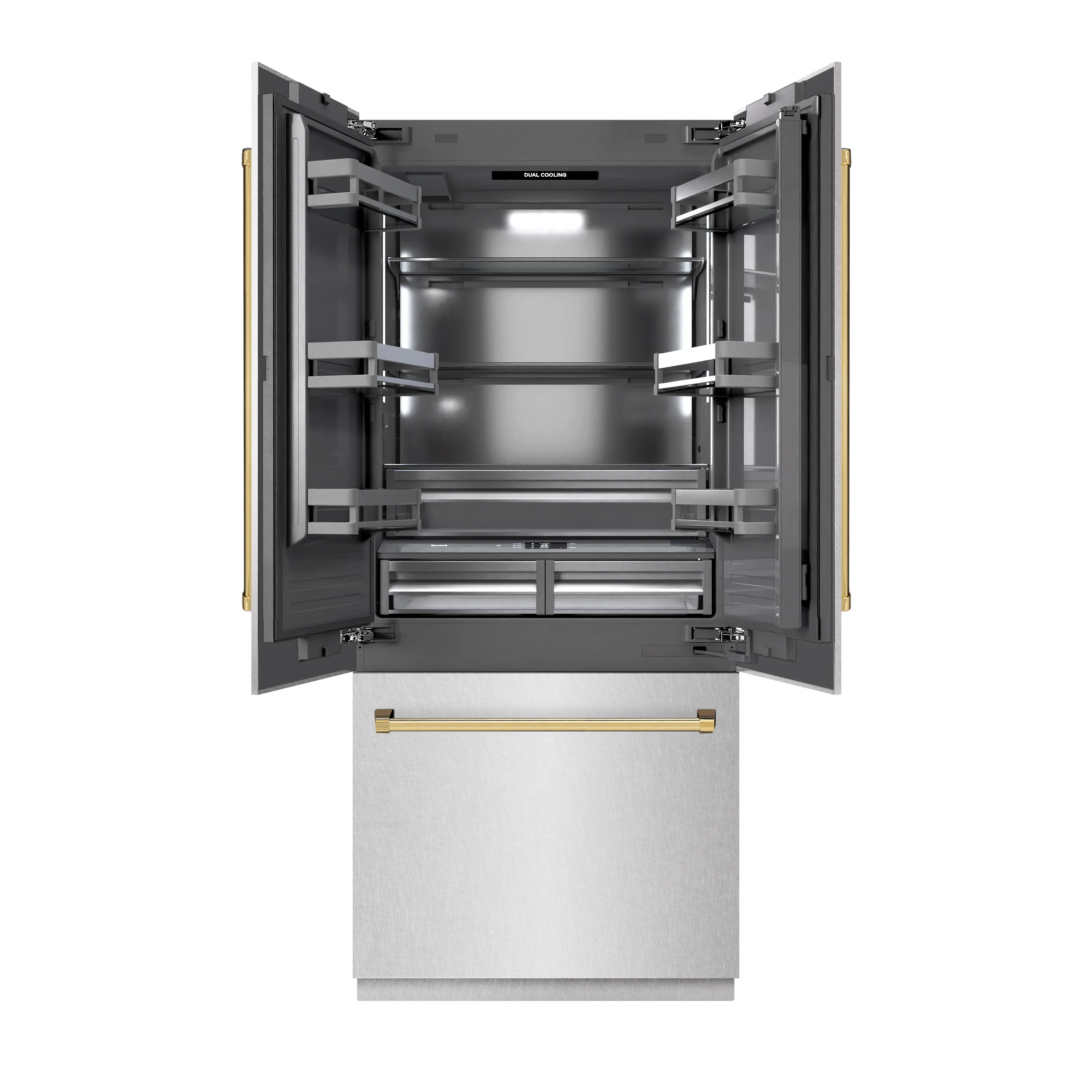 ZLINE Autograph Edition 36 in. 19.6 cu. ft. French Door Built-In Bottom Freezer Refrigerator with Water Dispenser and Ice Maker in Satin Stainless Steel with Graphite Gray Interior and Polished Gold Accents (GRBIVZ-SN-36-G)