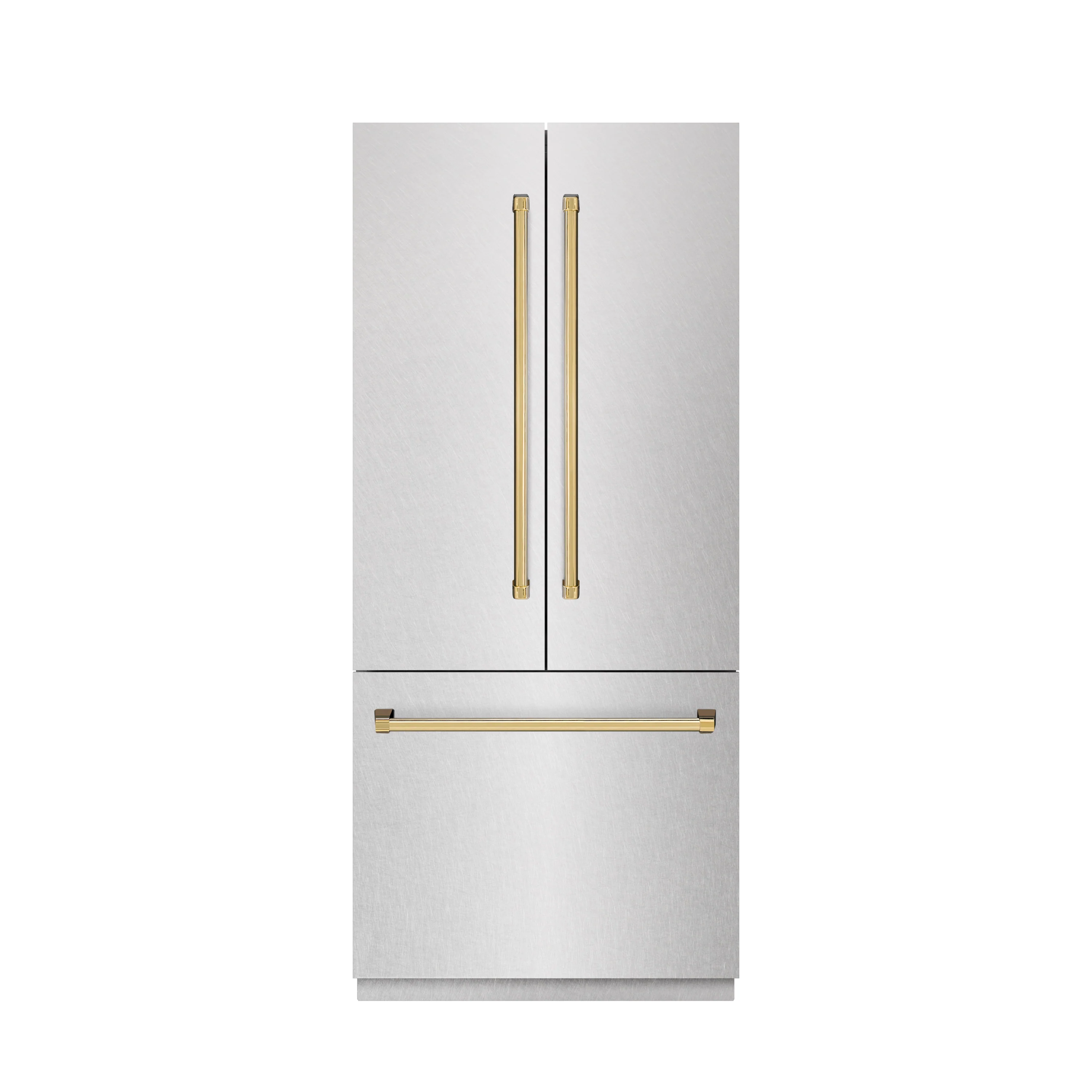 ZLINE Autograph Edition 36 in. 19.6 cu. ft. French Door Built-In Bottom Freezer Refrigerator with Water Dispenser and Ice Maker in Satin Stainless Steel with Graphite Gray Interior and Polished Gold Accents (GRBIVZ-SN-36-G) - Image 2
