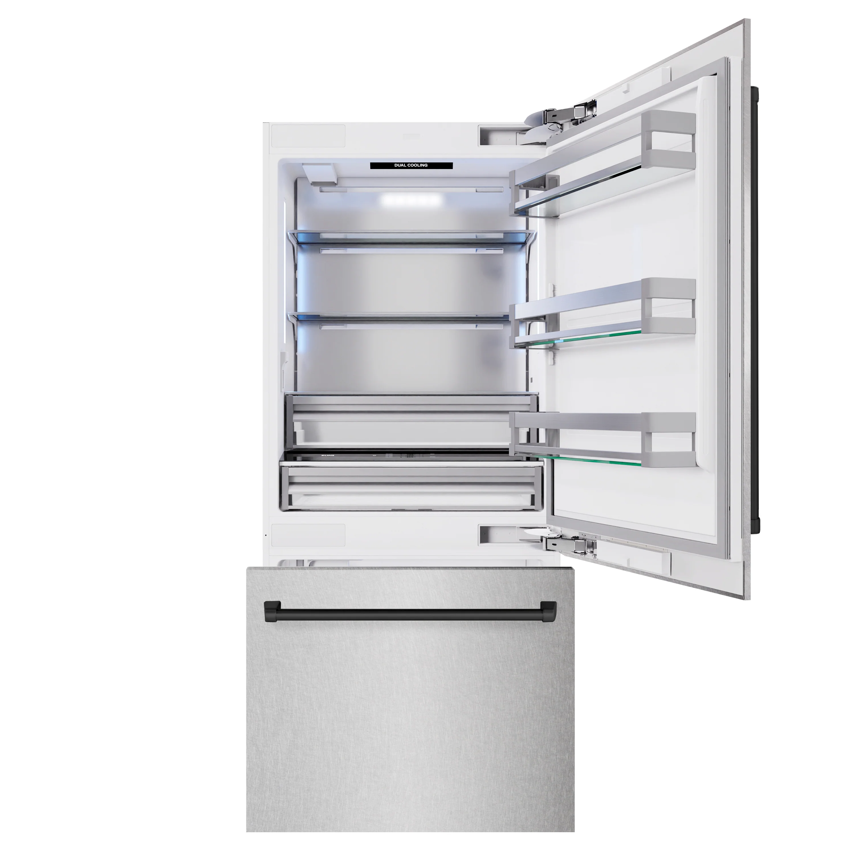 ZLINE Autograph Edition 36 in. 19.8 cu. ft. Built-In Bottom Freezer Refrigerator with Water Dispenser and Ice Maker in Satin Stainless Steel and Matte Black Accents (RBITZ-SN-36-MB)