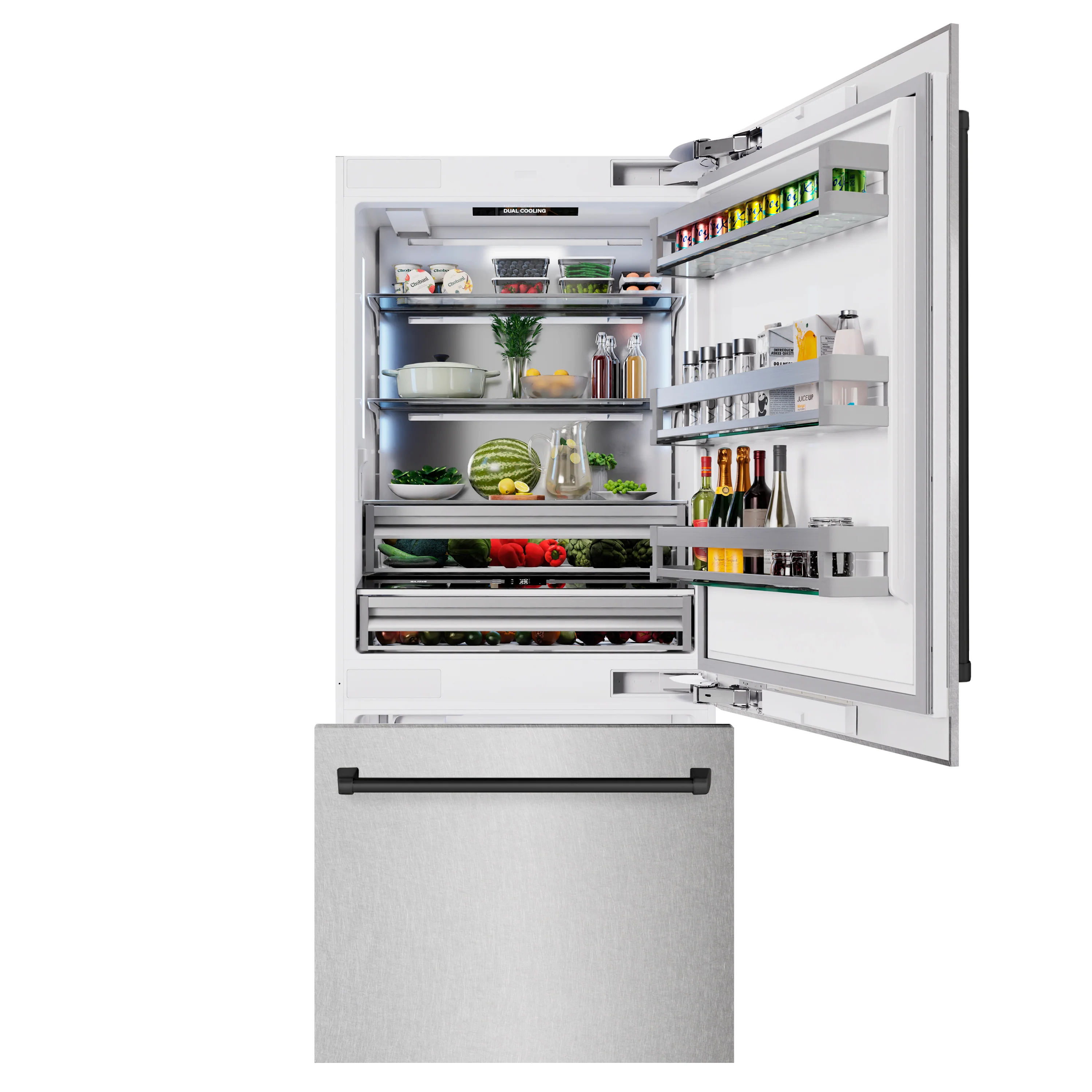 ZLINE Autograph Edition 36 in. 19.8 cu. ft. Built-In Bottom Freezer Refrigerator with Water Dispenser and Ice Maker in Satin Stainless Steel and Matte Black Accents (RBITZ-SN-36-MB) - Image 5