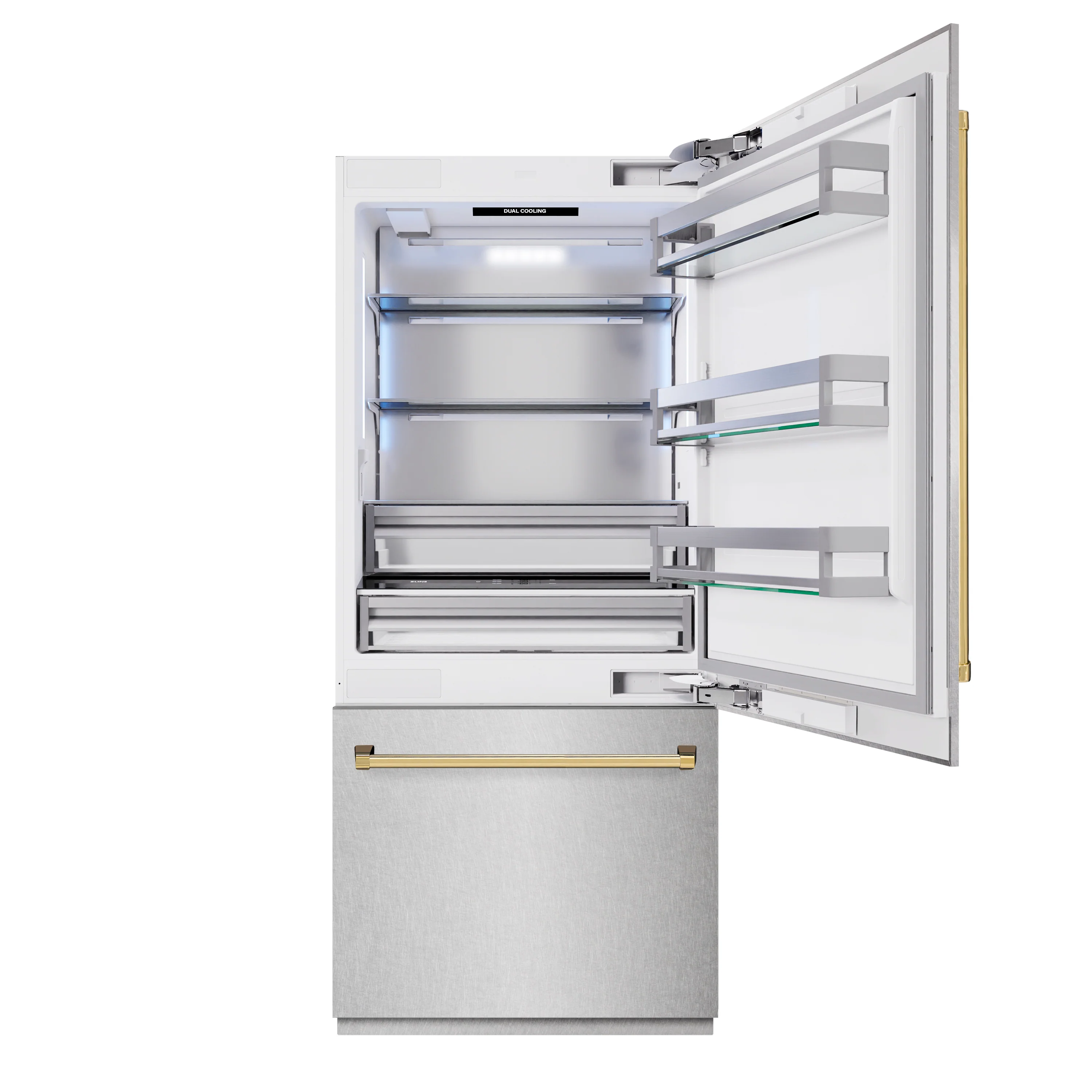 ZLINE Autograph Edition 36 in. 19.8 cu. ft. Built-In Bottom Freezer Refrigerator with Water Dispenser and Ice Maker in Satin Stainless Steel and Polished Gold Accents (RBITZ-SN-36-G) - Image 4