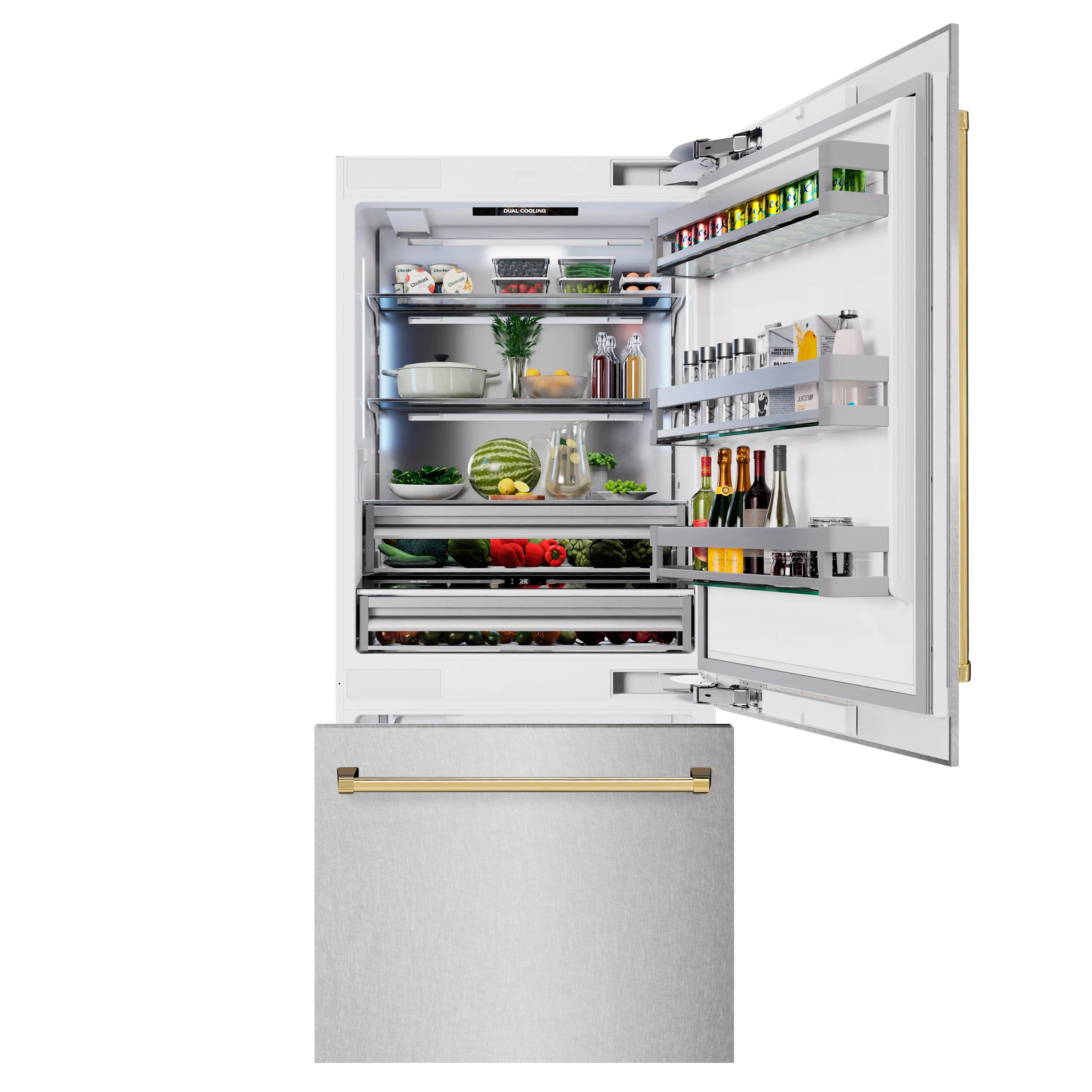 ZLINE Autograph Edition 36 in. 19.8 cu. ft. Built-In Bottom Freezer Refrigerator with Water Dispenser and Ice Maker in Satin Stainless Steel and Polished Gold Accents (RBITZ-SN-36-G) - Image 5