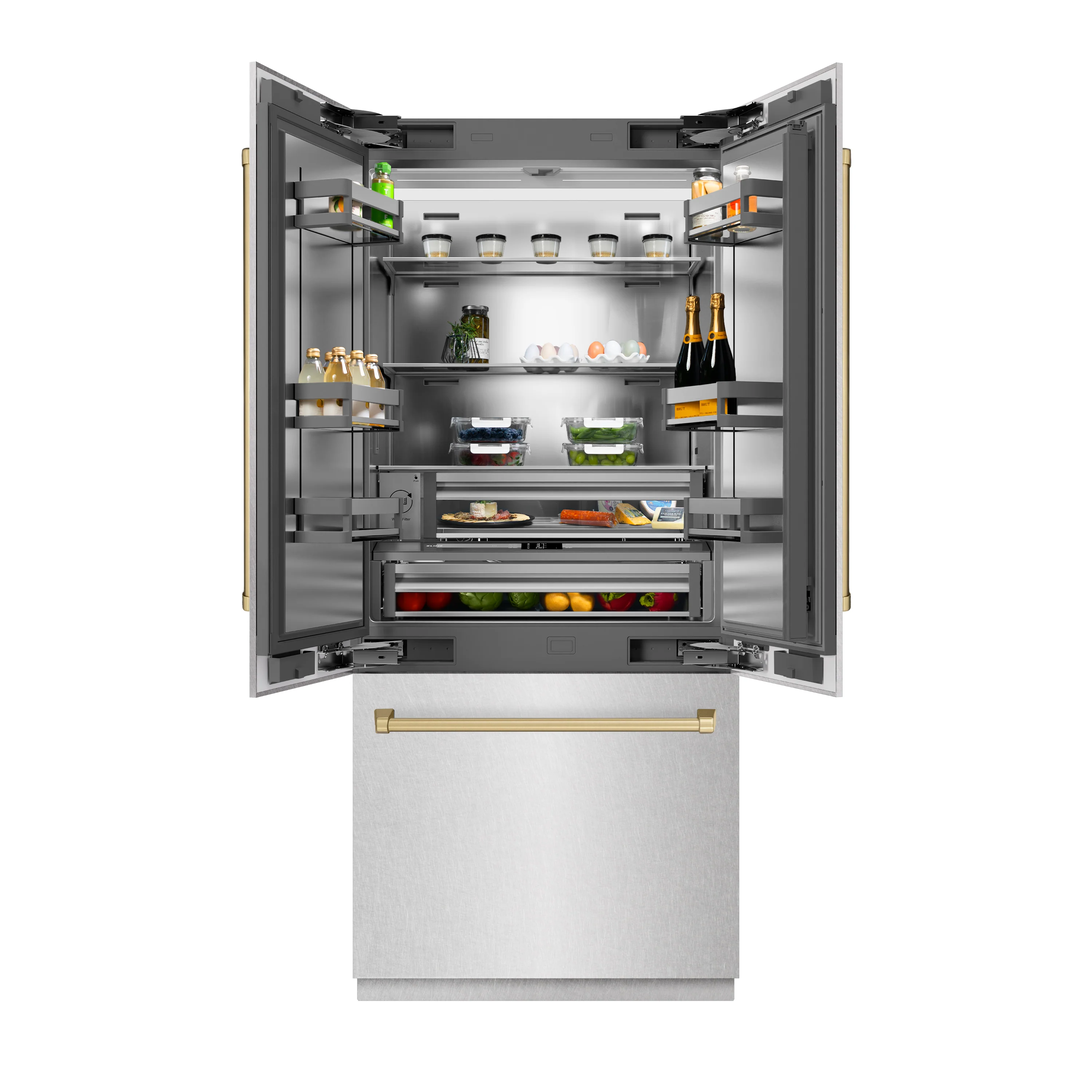 ZLINE Autograph Edition 36 in. 19.6 cu. ft. French Door Built-In Bottom Freezer Refrigerator with Water Dispenser and Ice Maker in Satin Stainless Steel with Stainless Steel Interior and Champagne Bronze Accents (SRBIVZ-SN-36-CB)