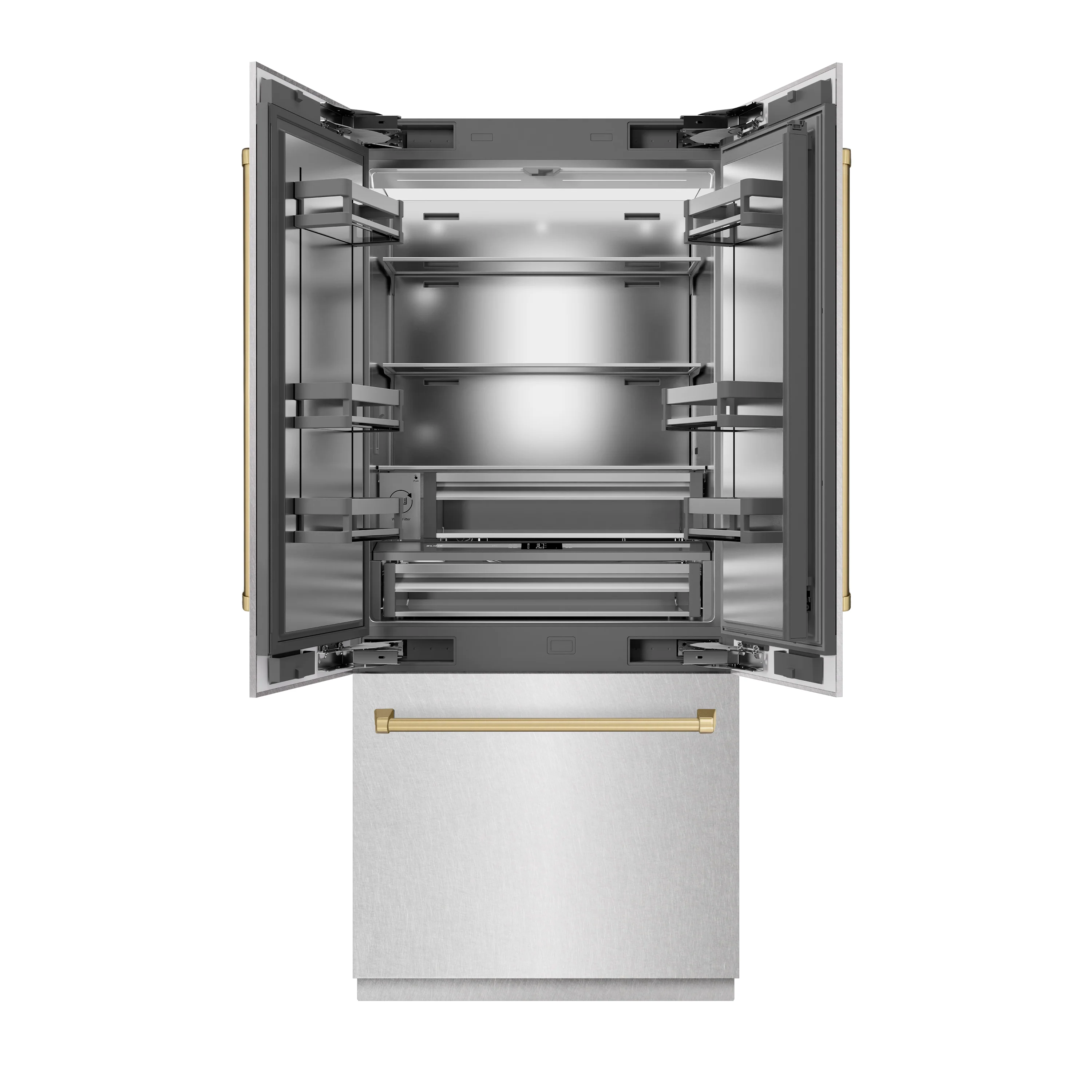 ZLINE Autograph Edition 36 in. 19.6 cu. ft. French Door Built-In Bottom Freezer Refrigerator with Water Dispenser and Ice Maker in Satin Stainless Steel with Stainless Steel Interior and Champagne Bronze Accents (SRBIVZ-SN-36-CB) - Image 3