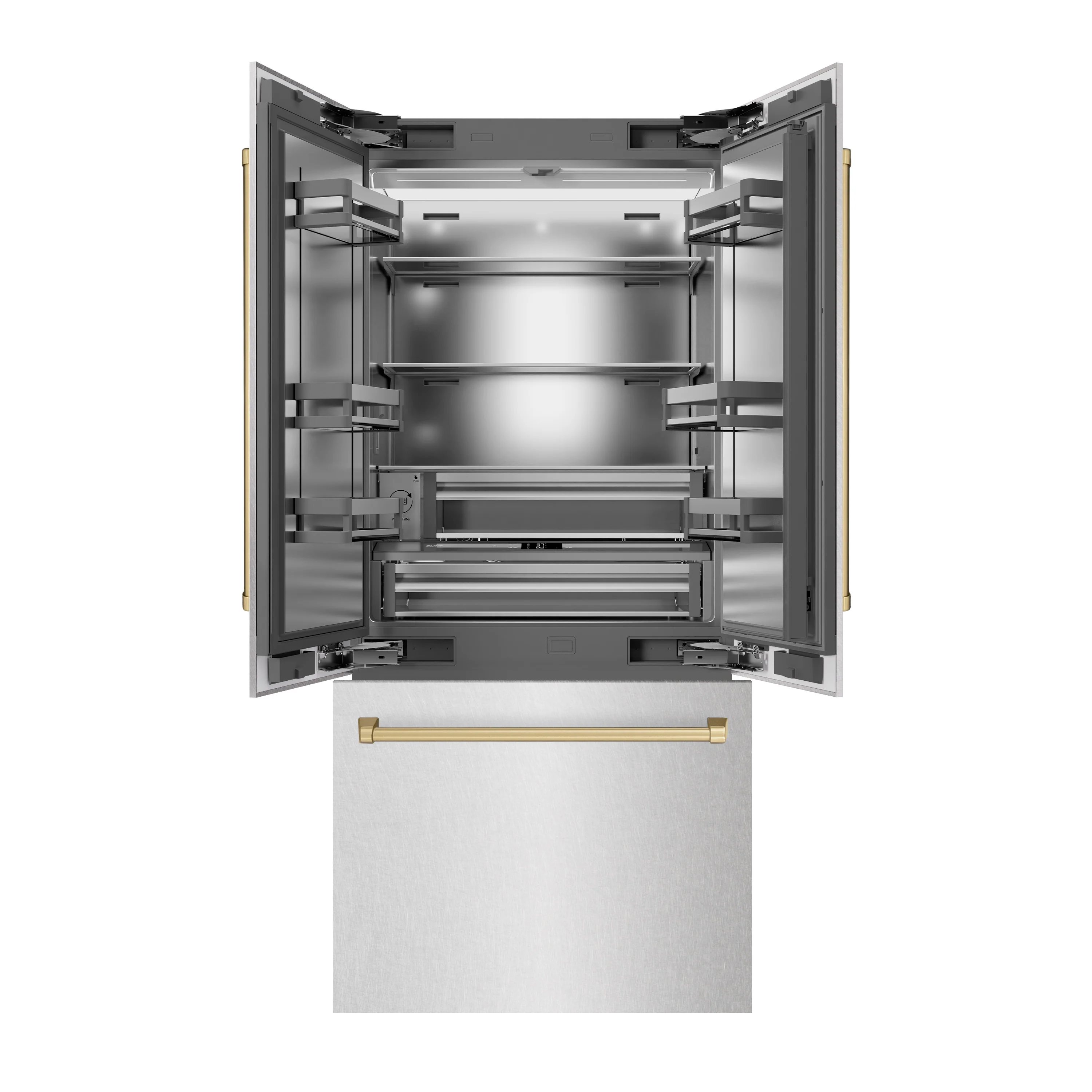 ZLINE Autograph Edition 36 in. 19.6 cu. ft. French Door Built-In Bottom Freezer Refrigerator with Water Dispenser and Ice Maker in Satin Stainless Steel with Stainless Steel Interior and Champagne Bronze Accents (SRBIVZ-SN-36-CB) - Image 4