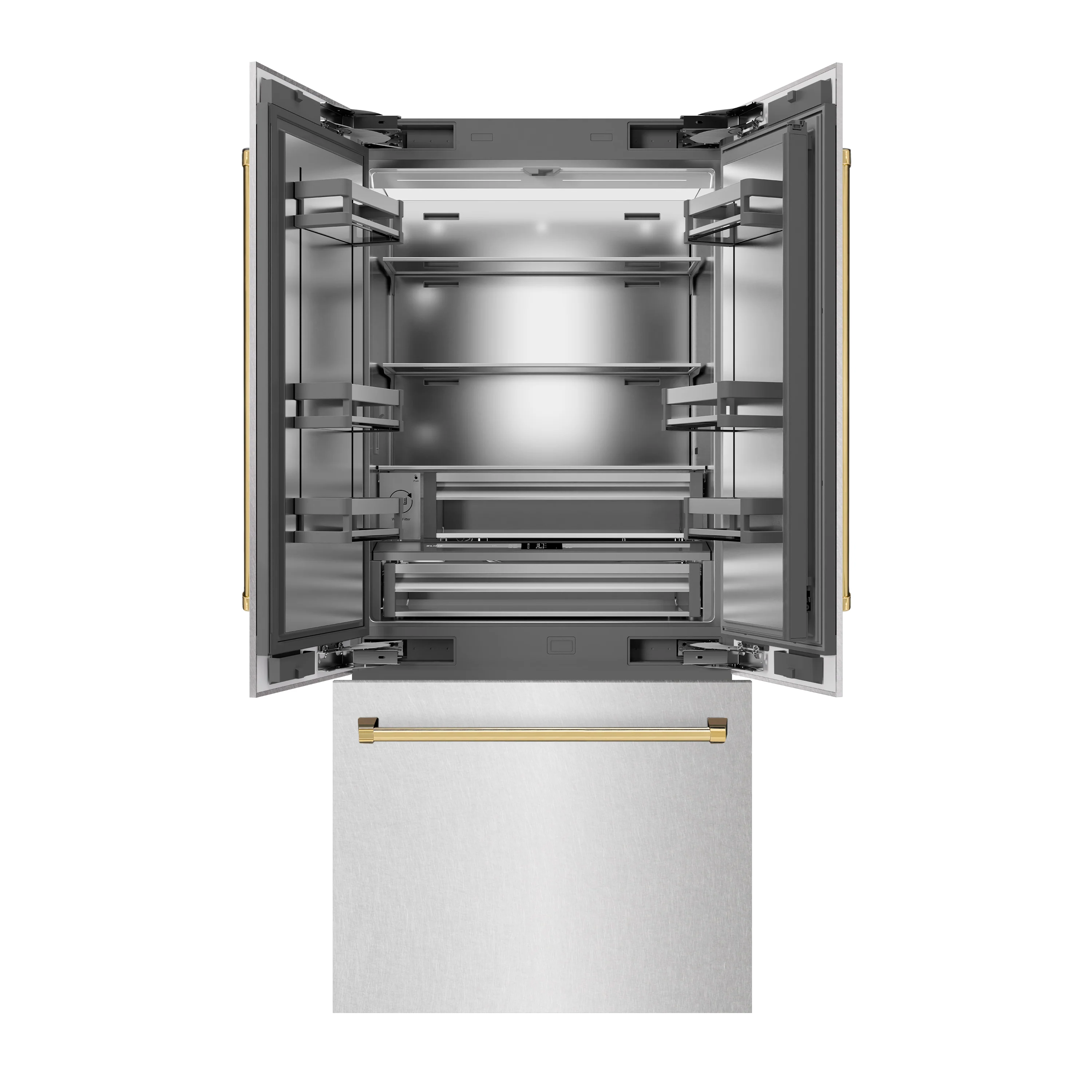ZLINE Autograph Edition 36 in. 19.6 cu. ft. French Door Built-In Bottom Freezer Refrigerator with Water Dispenser and Ice Maker in Satin Stainless Steel with Stainless Steel Interior and Polished Gold Accents (SRBIVZ-SN-36-G) - Image 4