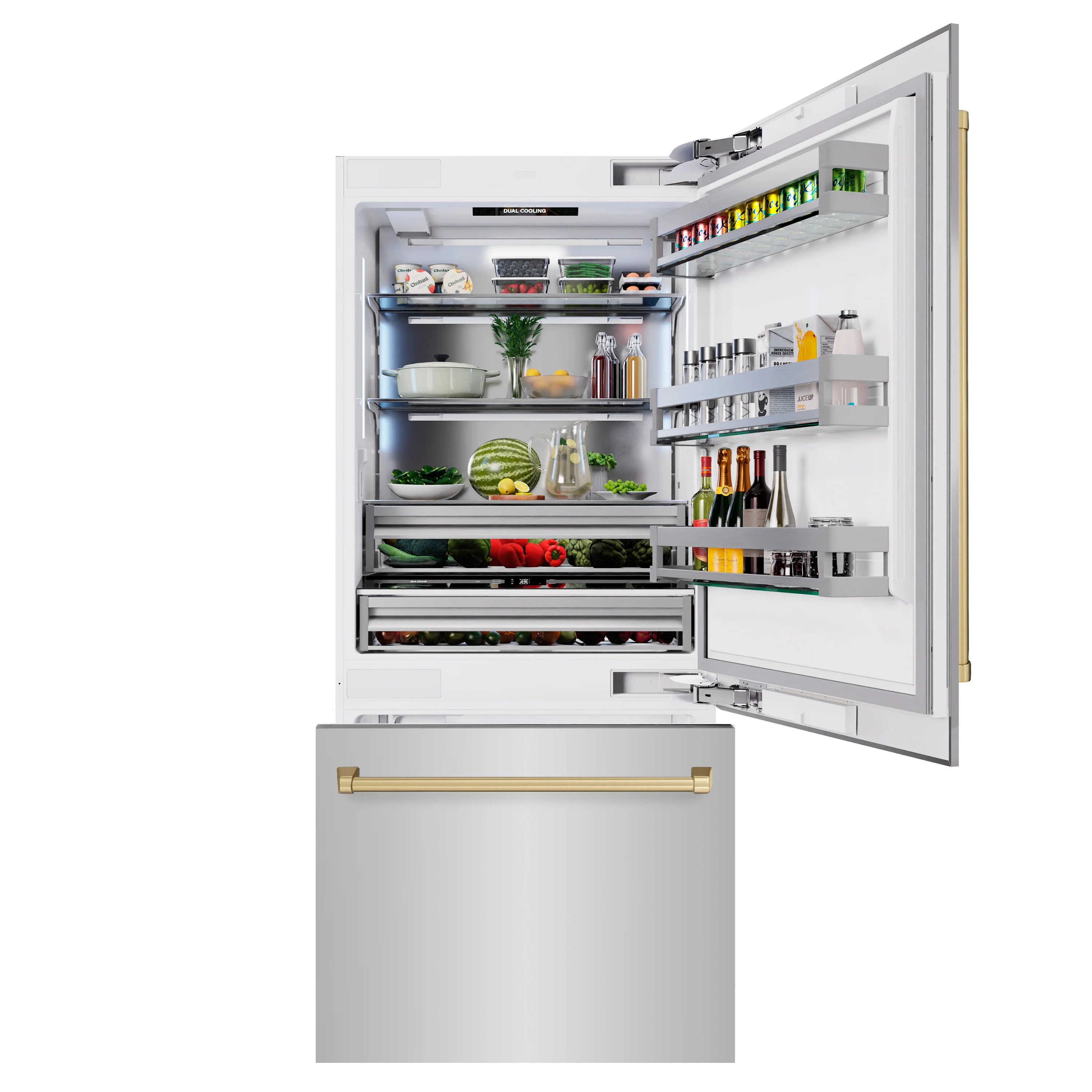 ZLINE Autograph Edition 36 in. 19.8 cu. ft. Built-In Bottom Freezer Refrigerator with Water Dispenser and Ice Maker in Stainless Steel with Champagne Bronze Accents (RBITZ-304-36CB) - Image 4