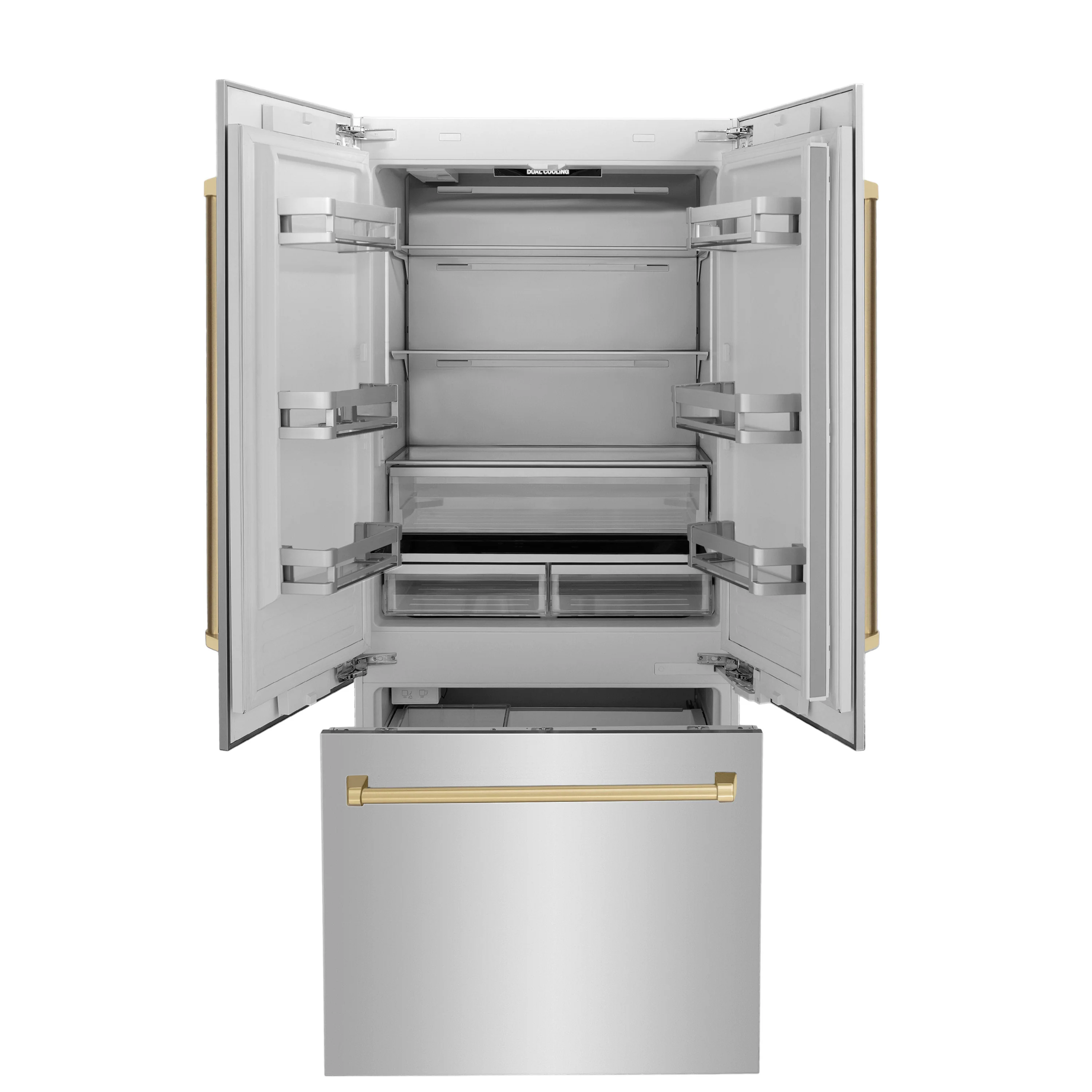 ZLINE Autograph Edition 36 in. 19.6 cu. ft. French Door Built-In Bottom Freezer Refrigerator with Water Dispenser and Ice Maker in Stainless Steel with Champagne Bronze Accents (RBIVZ-304-36-CB) - Image 4