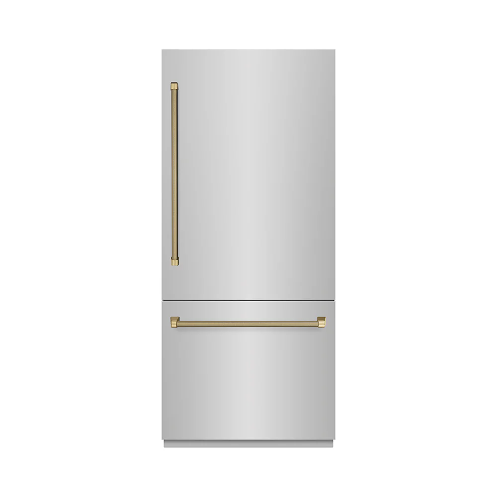 ZLINE Autograph Edition 36 in. 19.8 cu. ft. Built-In Bottom Freezer Refrigerator with Water Dispenser and Ice Maker in Stainless Steel with Graphite Gray Interior and Champagne Bronze Helix Handles (GRBITZ-30436KCB) - Image 3