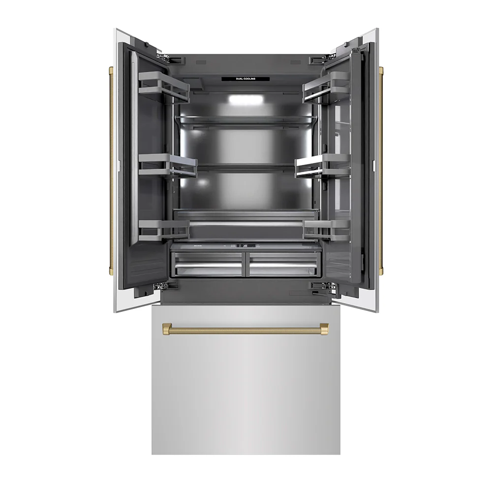 ZLINE Autograph Edition 36 in. 19.6 cu. ft. French Door Built-In Bottom Freezer Refrigerator with Water Dispenser and Ice Maker in Stainless Steel with Graphite Gray Interior and Champagne Bronze Helix Handles (GRBIVZ-30436KCB)