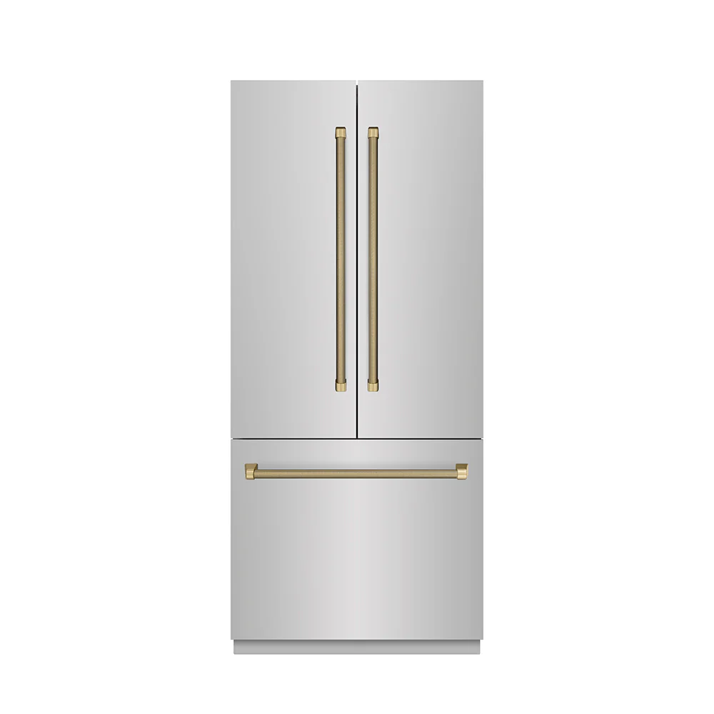 ZLINE Autograph Edition 36 in. 19.6 cu. ft. French Door Built-In Bottom Freezer Refrigerator with Water Dispenser and Ice Maker in Stainless Steel with Graphite Gray Interior and Champagne Bronze Helix Handles (GRBIVZ-30436KCB) - Image 3