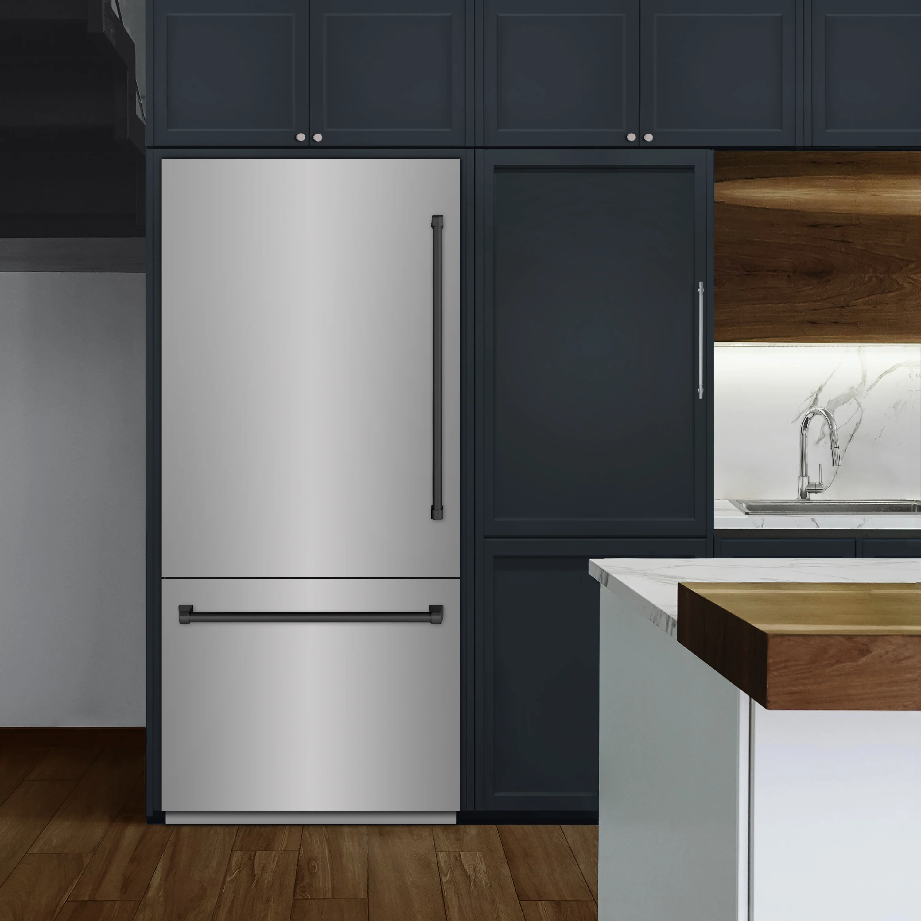 ZLINE Autograph Edition 36 in. 19.8 cu. ft. Built-In Bottom Freezer Refrigerator with Water Dispenser and Ice Maker in Stainless Steel with Graphite Gray Interior and Matte Black Accents (GRBITZ-304-36MB) - Image 2