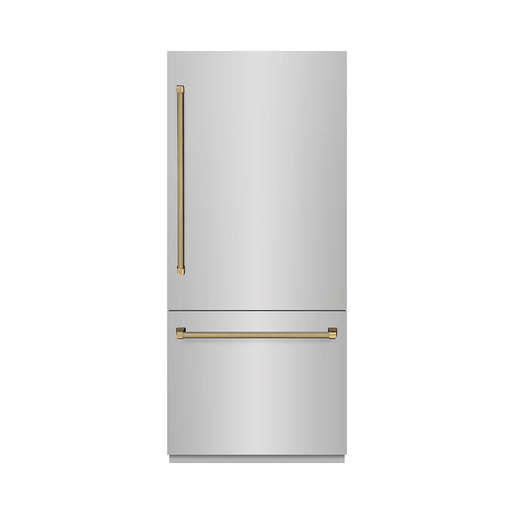ZLINE Autograph Edition 36 in. 19.8 cu. ft. Built-In Bottom Freezer Refrigerator with Water Dispenser and Ice Maker in Stainless Steel with Graphite Gray Interior and Polished Gold Helix Handles (GRBITZ-30436KG) - Image 3