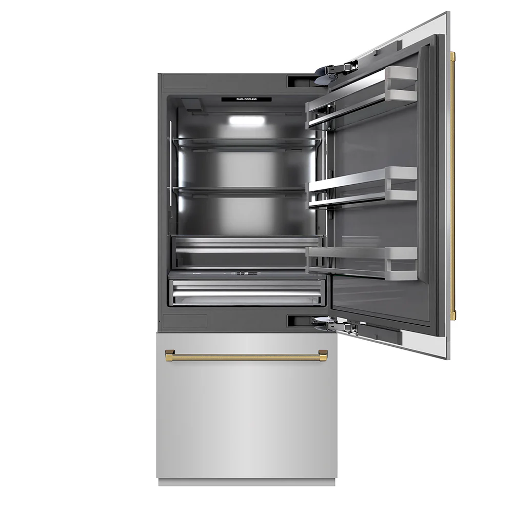 ZLINE Autograph Edition 36 in. 19.8 cu. ft. Built-In Bottom Freezer Refrigerator with Water Dispenser and Ice Maker in Stainless Steel with Graphite Gray Interior and Polished Gold Helix Handles (GRBITZ-30436KG) - Image 4