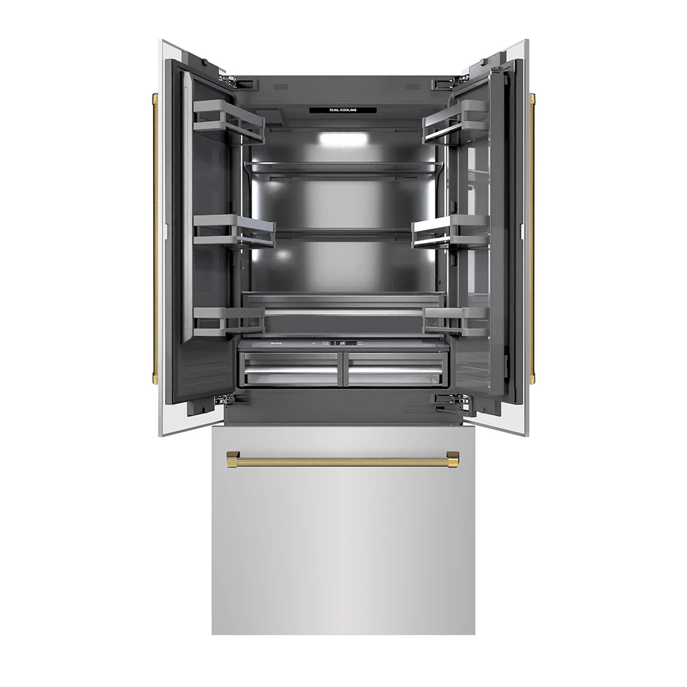 ZLINE Autograph Edition 36 in. 19.6 cu. ft. French Door Built-In Bottom Freezer Refrigerator with Water Dispenser and Ice Maker in Stainless Steel with Graphite Gray Interior and Polished Gold Helix Handles (GRBIVZ-30436KG)