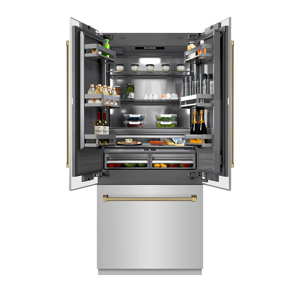 ZLINE Autograph Edition 36 in. 19.6 cu. ft. French Door Built-In Bottom Freezer Refrigerator with Water Dispenser and Ice Maker in Stainless Steel with Graphite Gray Interior and Polished Gold Helix Handles (GRBIVZ-30436KG) - Image 5