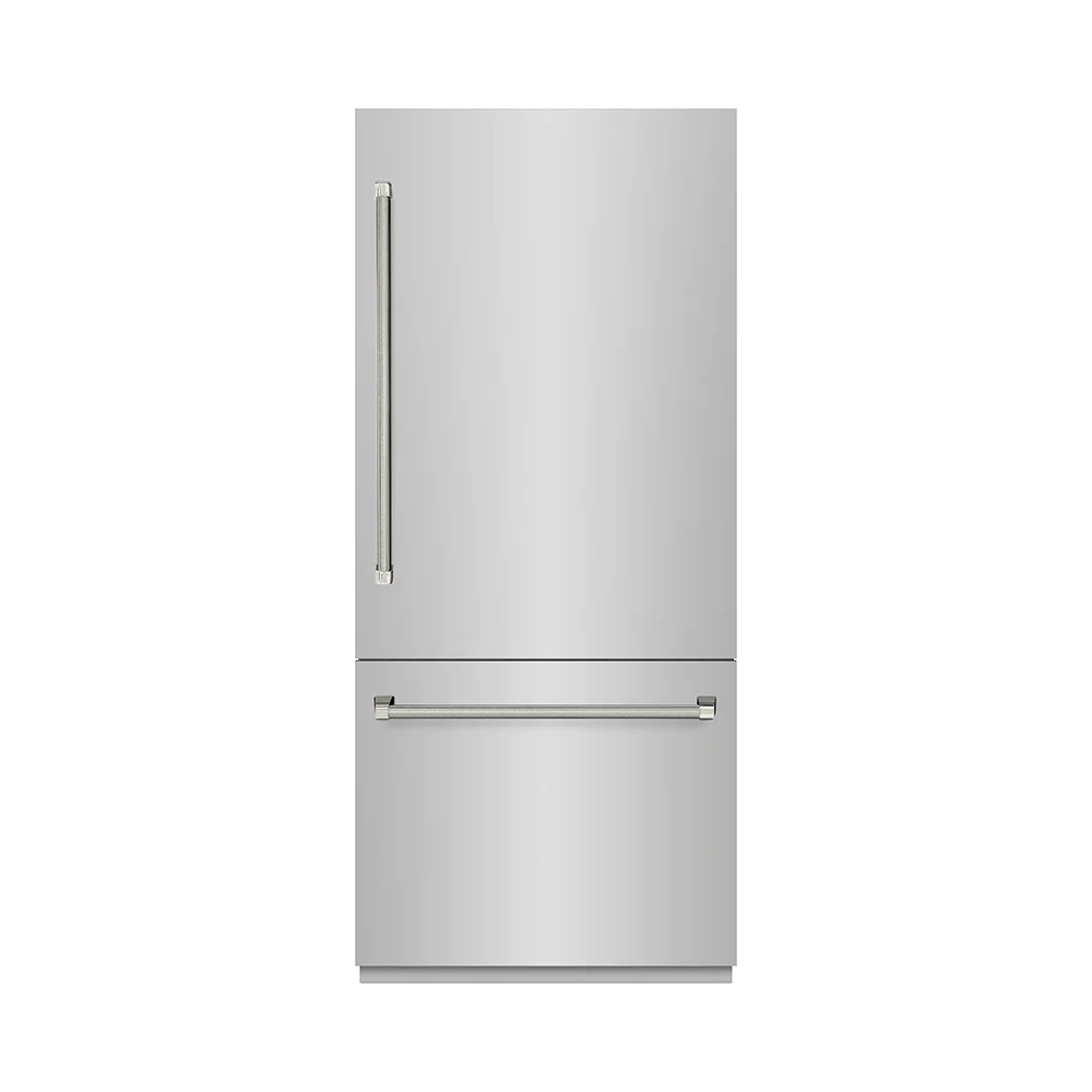 ZLINE Autograph Edition 36 in. 19.8 cu. ft. Built-In Bottom Freezer Refrigerator with Water Dispenser and Ice Maker in Stainless Steel with Graphite Gray Interior and Polished Nickel Helix Handles (GRBITZ-30436KPN) - Image 3
