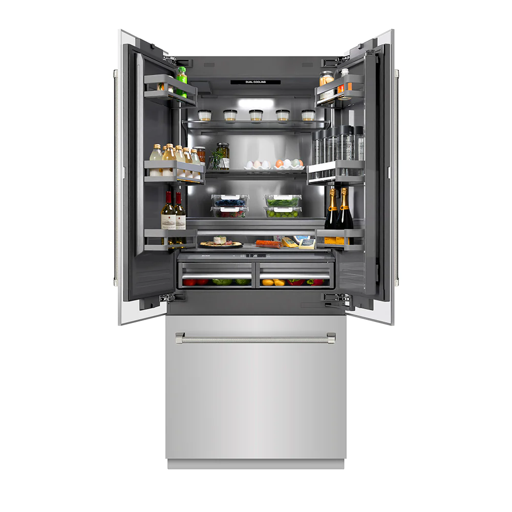 ZLINE Autograph Edition 36 in. 19.6 cu. ft. French Door Built-In Bottom Freezer Refrigerator with Water Dispenser and Ice Maker in Stainless Steel with Graphite Gray Interior and Polished Nickel Helix Handles (GRBIVZ-30436KPN) - Image 4