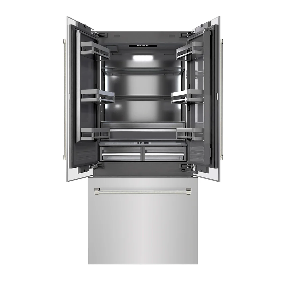 ZLINE Autograph Edition 36 in. 19.6 cu. ft. French Door Built-In Bottom Freezer Refrigerator with Water Dispenser and Ice Maker in Stainless Steel with Graphite Gray Interior and Polished Nickel Helix Handles (GRBIVZ-30436KPN) - Image 5