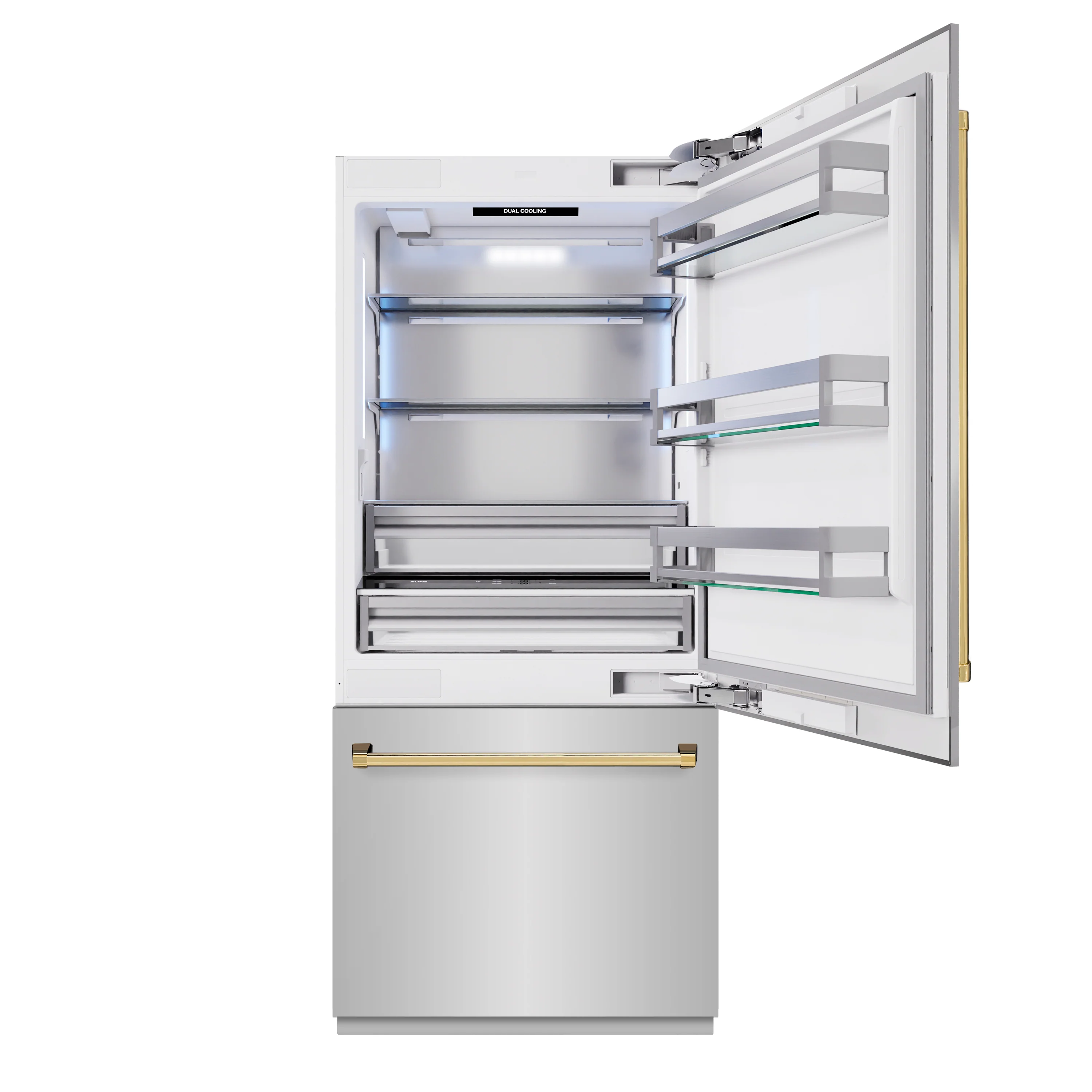 ZLINE Autograph Edition 36 in. 19.8 cu. ft. Built-In Bottom Freezer Refrigerator with Water Dispenser and Ice Maker in Stainless Steel with Polished Gold Accents (RBITZ-304-36G) - Image 2
