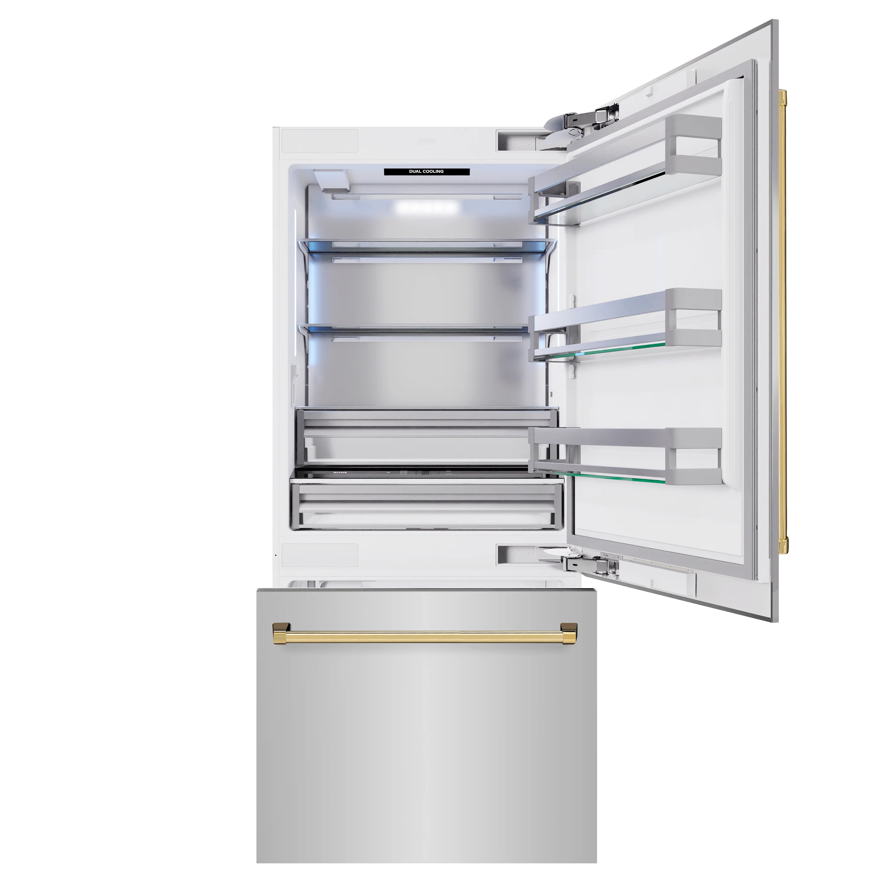 ZLINE Autograph Edition 36 in. 19.8 cu. ft. Built-In Bottom Freezer Refrigerator with Water Dispenser and Ice Maker in Stainless Steel with Polished Gold Accents (RBITZ-304-36G) - Image 3