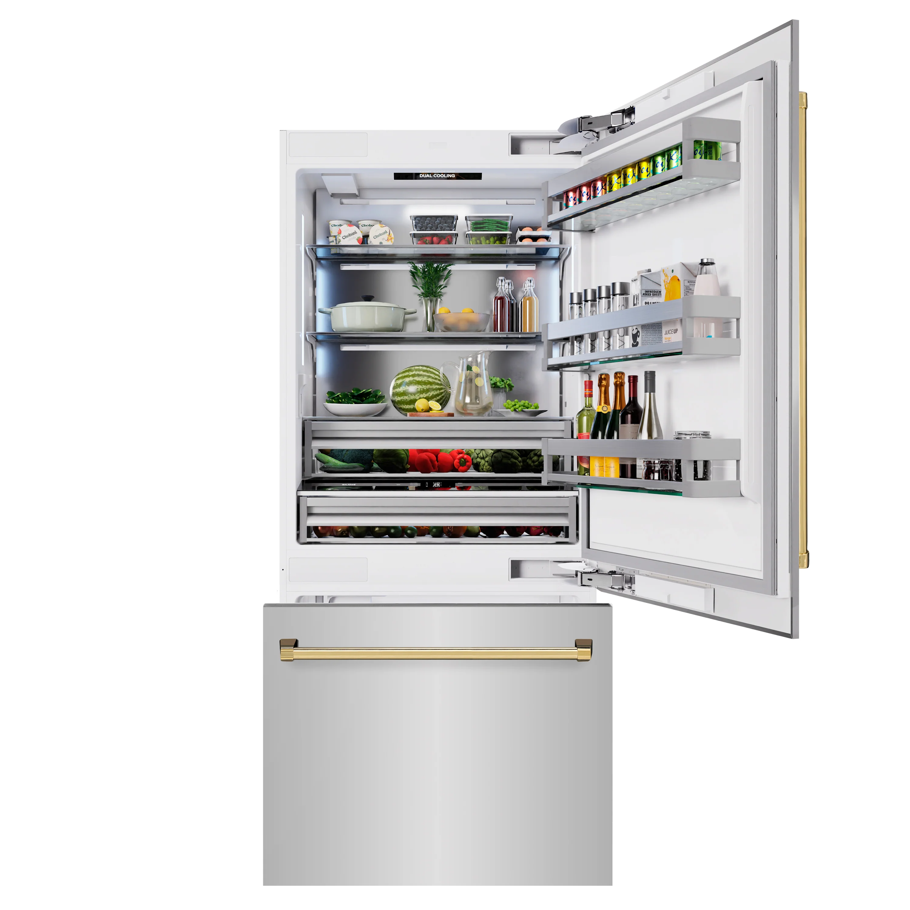 ZLINE Autograph Edition 36 in. 19.8 cu. ft. Built-In Bottom Freezer Refrigerator with Water Dispenser and Ice Maker in Stainless Steel with Polished Gold Accents (RBITZ-304-36G) - Image 4