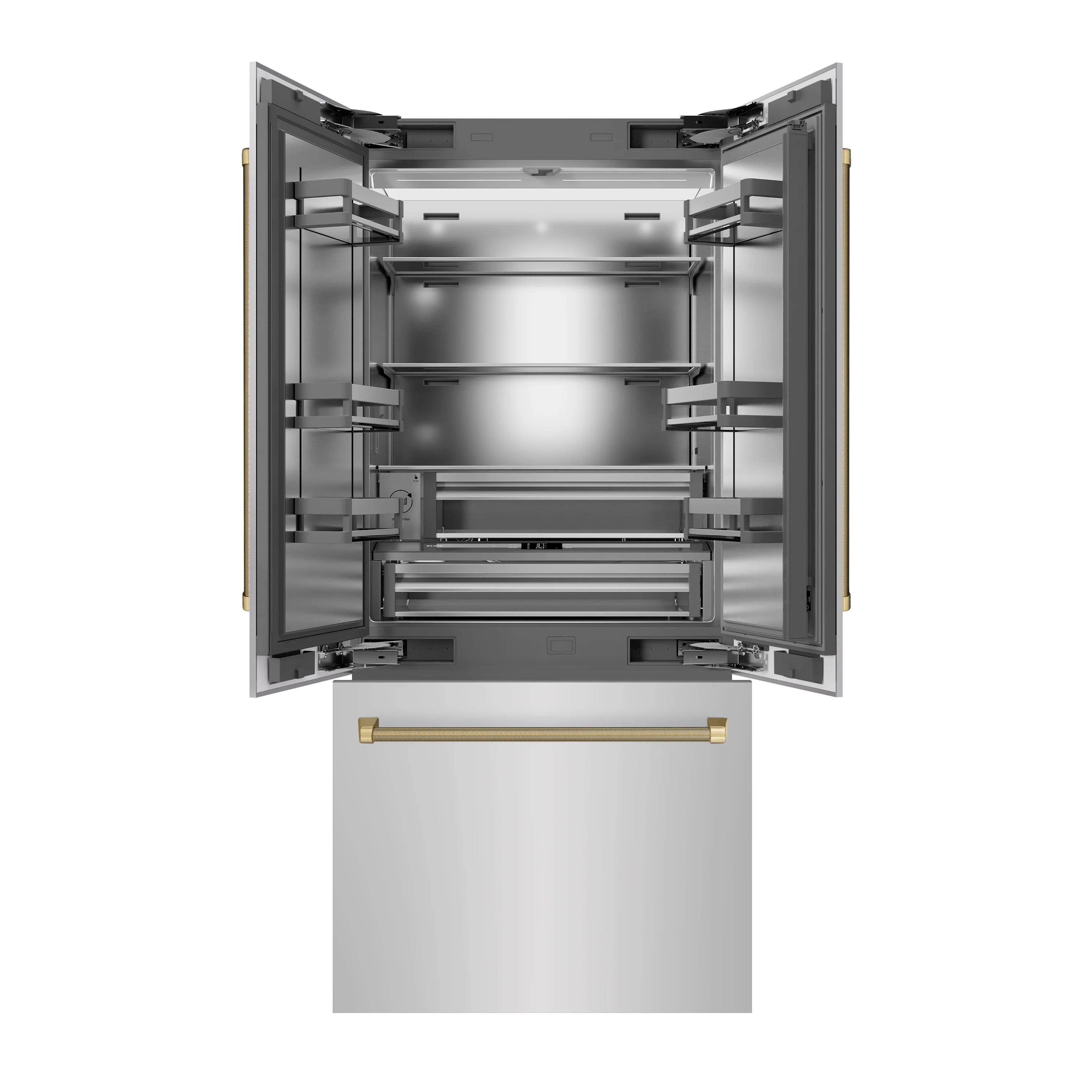 ZLINE Autograph Edition 36 in. 19.6 cu. ft. French Door Built-In Bottom Freezer Refrigerator with Water Dispenser and Ice Maker in Stainless Steel with Stainless Steel Interior and Champagne Bronze Helix Handles (SRBIVZ-30436KCB) - Image 4
