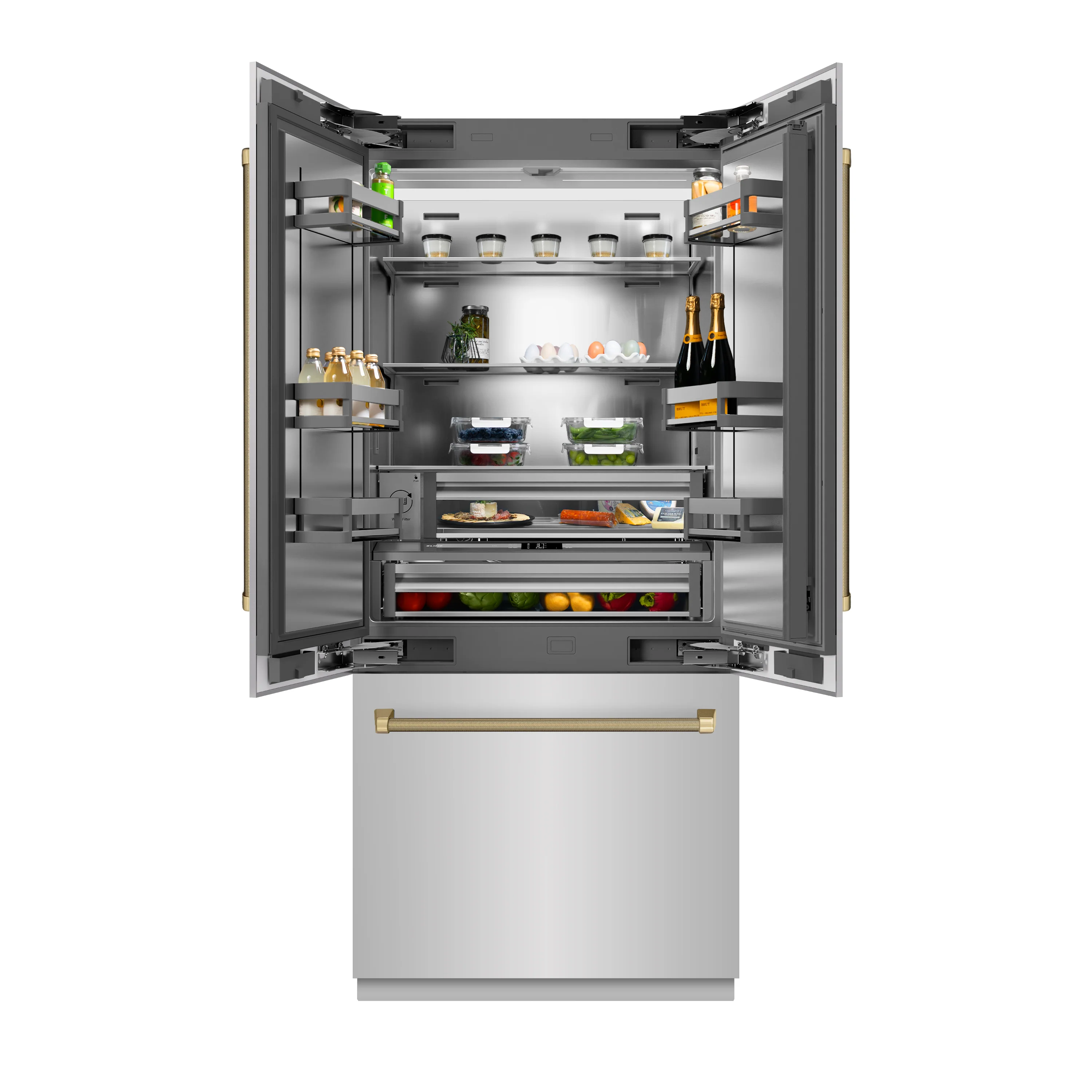ZLINE Autograph Edition 36 in. 19.6 cu. ft. French Door Built-In Bottom Freezer Refrigerator with Water Dispenser and Ice Maker in Stainless Steel with Stainless Steel Interior and Champagne Bronze Helix Handles (SRBIVZ-30436KCB) - Image 5