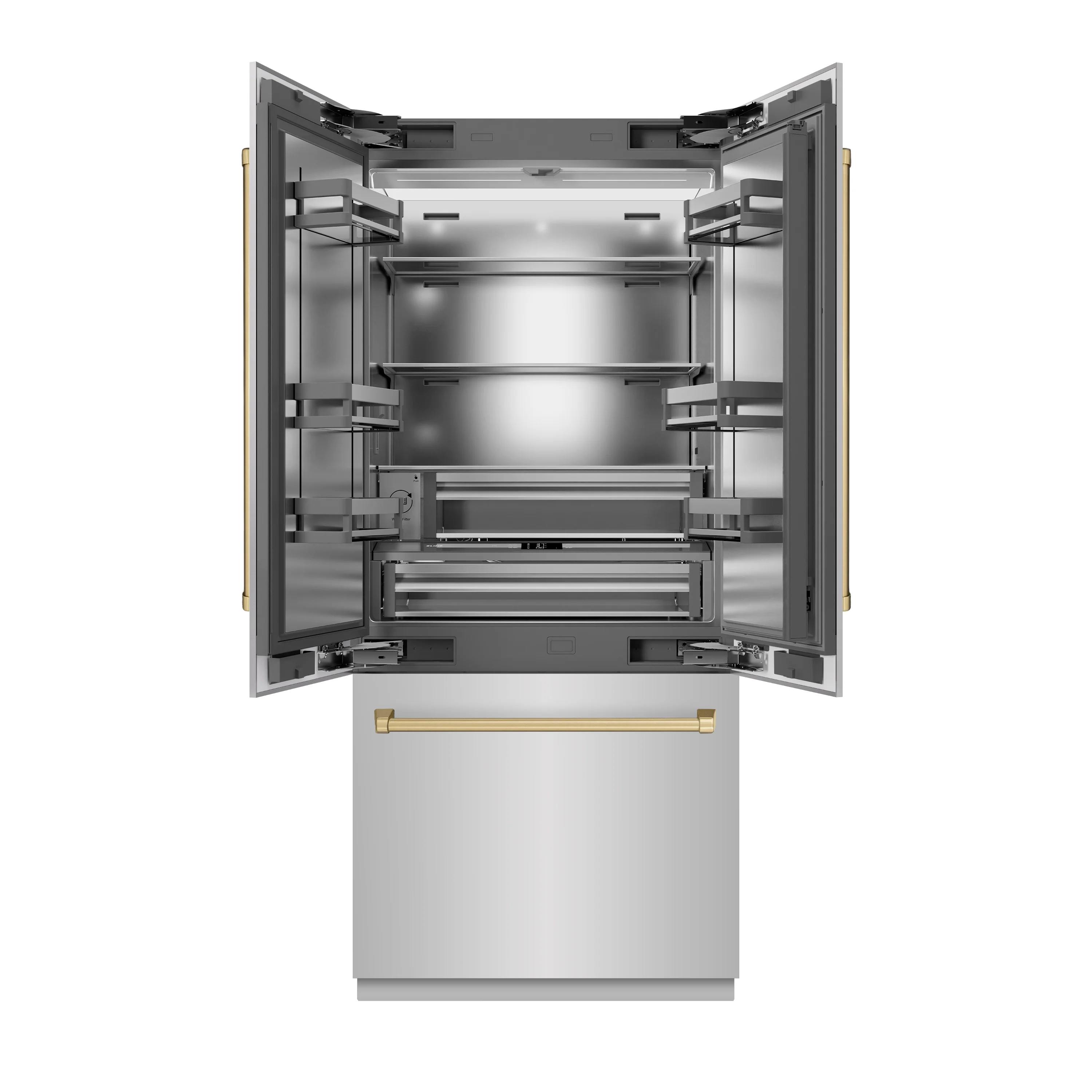 ZLINE Autograph Edition 36 in. 19.6 cu. ft. French Door Built-In Bottom Freezer Refrigerator with Water Dispenser and Ice Maker in Stainless Steel with Stainless Steel Interior and Champagne Bronze Accents (SRBIVZ-304-36CB) - Image 3