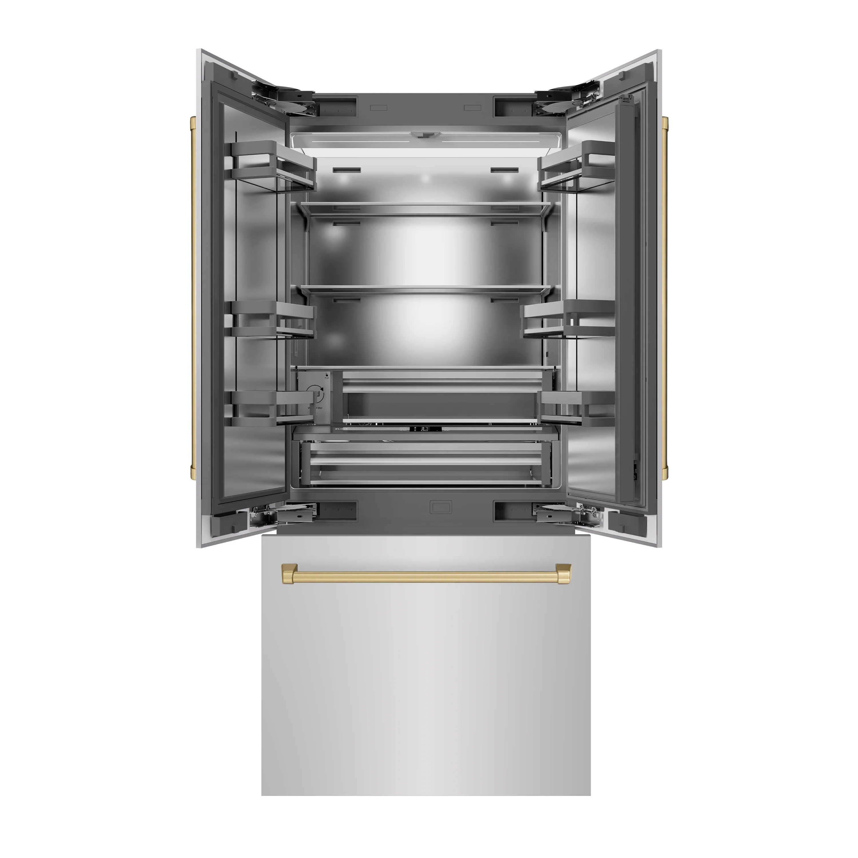 ZLINE Autograph Edition 36 in. 19.6 cu. ft. French Door Built-In Bottom Freezer Refrigerator with Water Dispenser and Ice Maker in Stainless Steel with Stainless Steel Interior and Champagne Bronze Accents (SRBIVZ-304-36CB) - Image 4