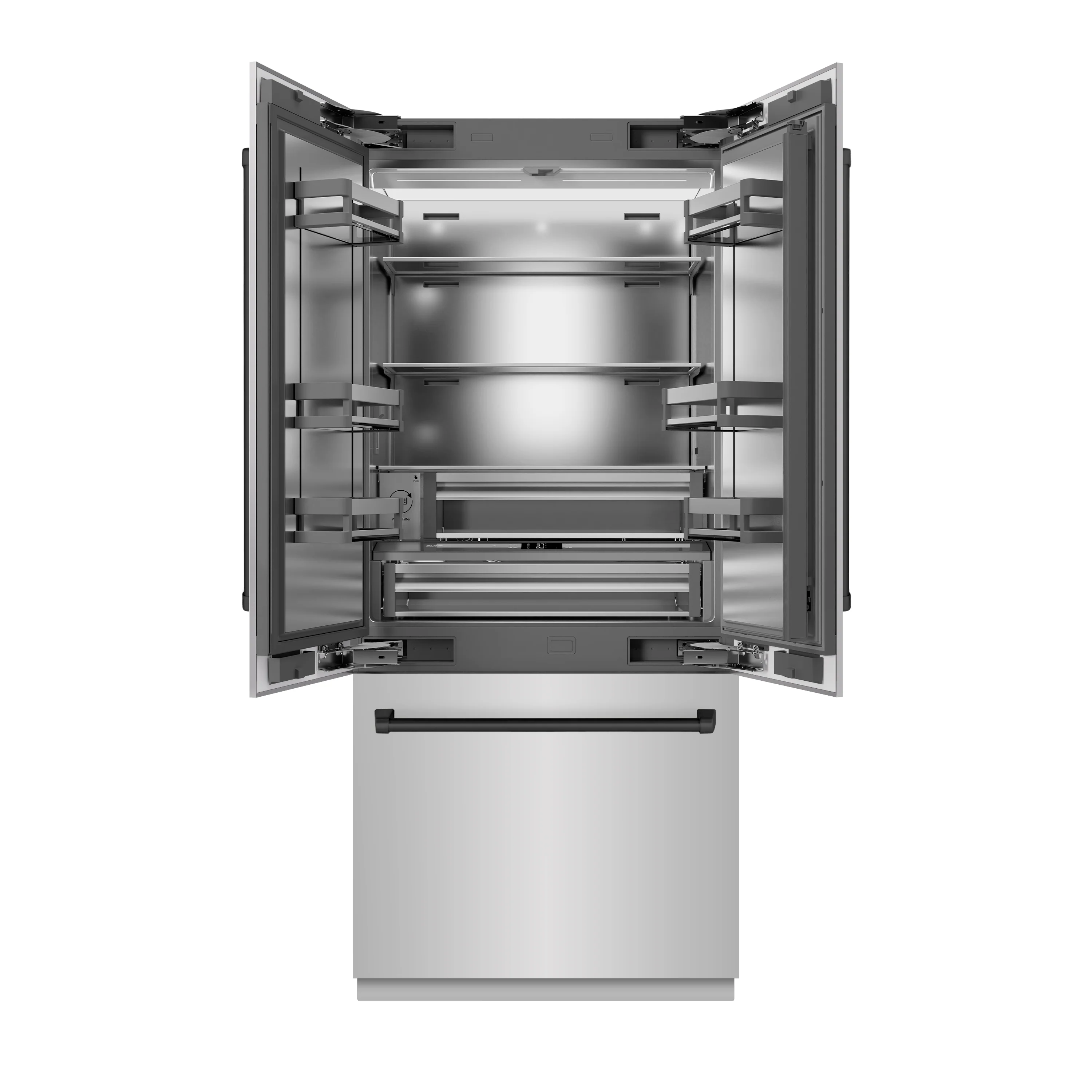 ZLINE Autograph Edition 36 in. 19.6 cu. ft. French Door Built-In Bottom Freezer Refrigerator with Water Dispenser and Ice Maker in Stainless Steel with Stainless Steel Interior and Matte Black Accents (SRBIVZ-304-36MB) - Image 3