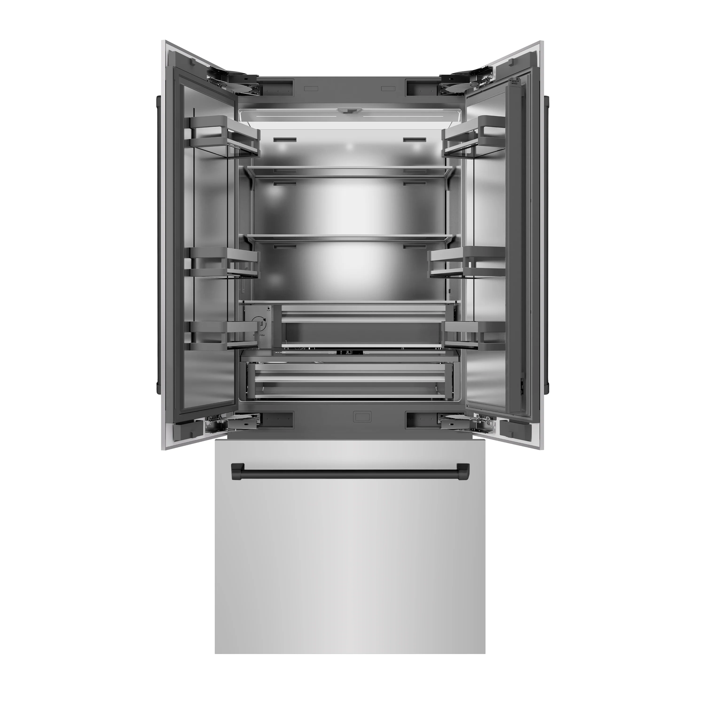 ZLINE Autograph Edition 36 in. 19.6 cu. ft. French Door Built-In Bottom Freezer Refrigerator with Water Dispenser and Ice Maker in Stainless Steel with Stainless Steel Interior and Matte Black Accents (SRBIVZ-304-36MB) - Image 4