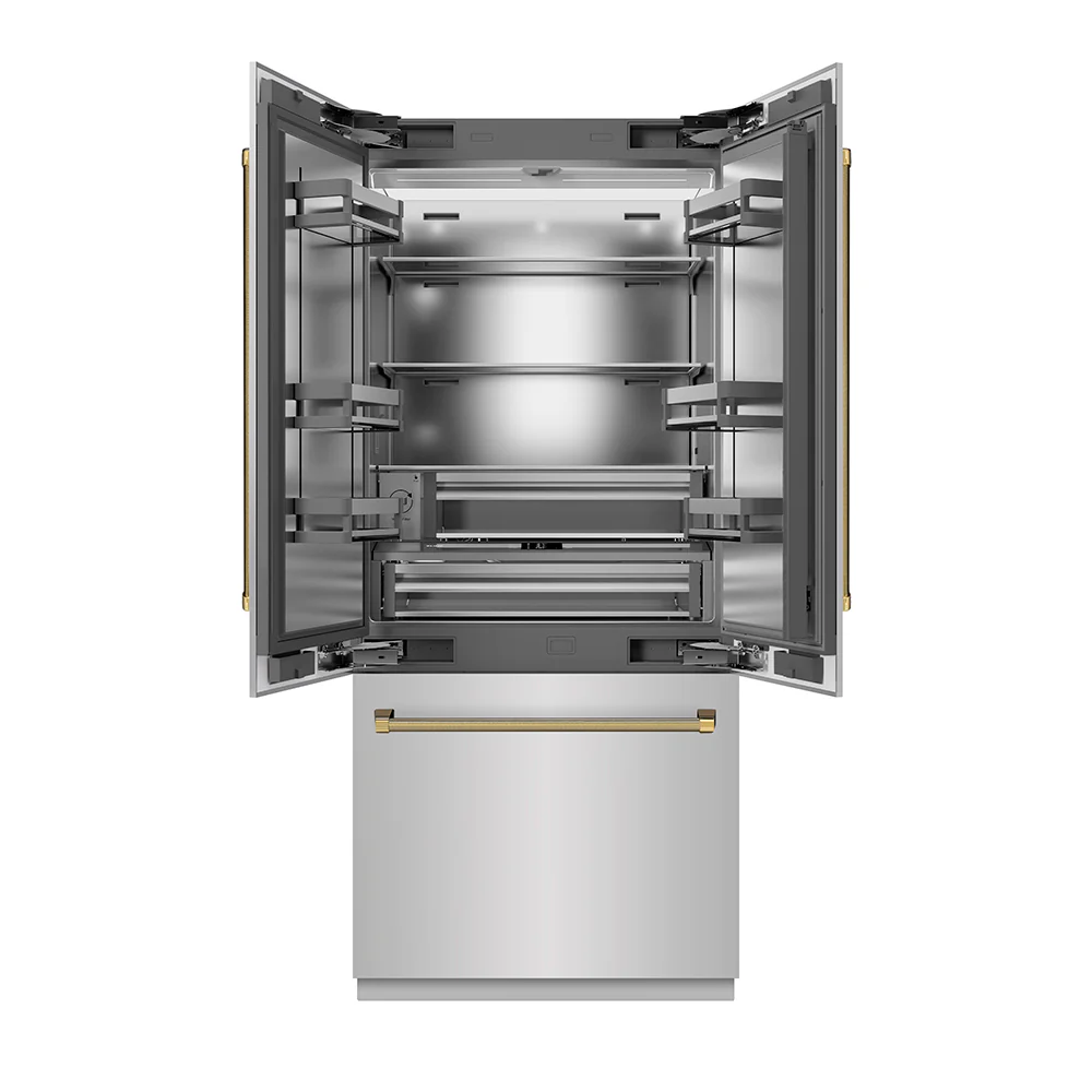 ZLINE Autograph Edition 36 in. 19.6 cu. ft. French Door Built-In Bottom Freezer Refrigerator with Water Dispenser and Ice Maker in Stainless Steel with Stainless Steel Interior and Polished Gold Helix Handles (SRBIVZ-30436KG)
