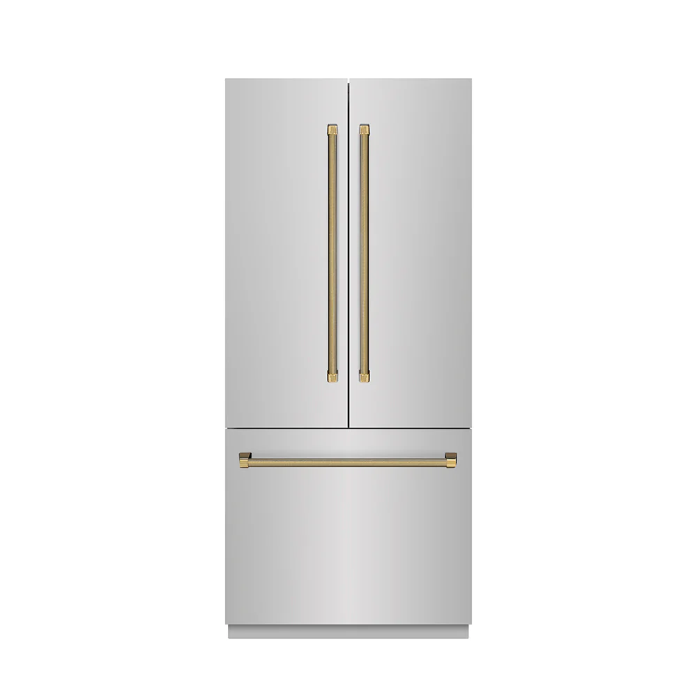 ZLINE Autograph Edition 36 in. 19.6 cu. ft. French Door Built-In Bottom Freezer Refrigerator with Water Dispenser and Ice Maker in Stainless Steel with Stainless Steel Interior and Polished Gold Helix Handles (SRBIVZ-30436KG) - Image 3