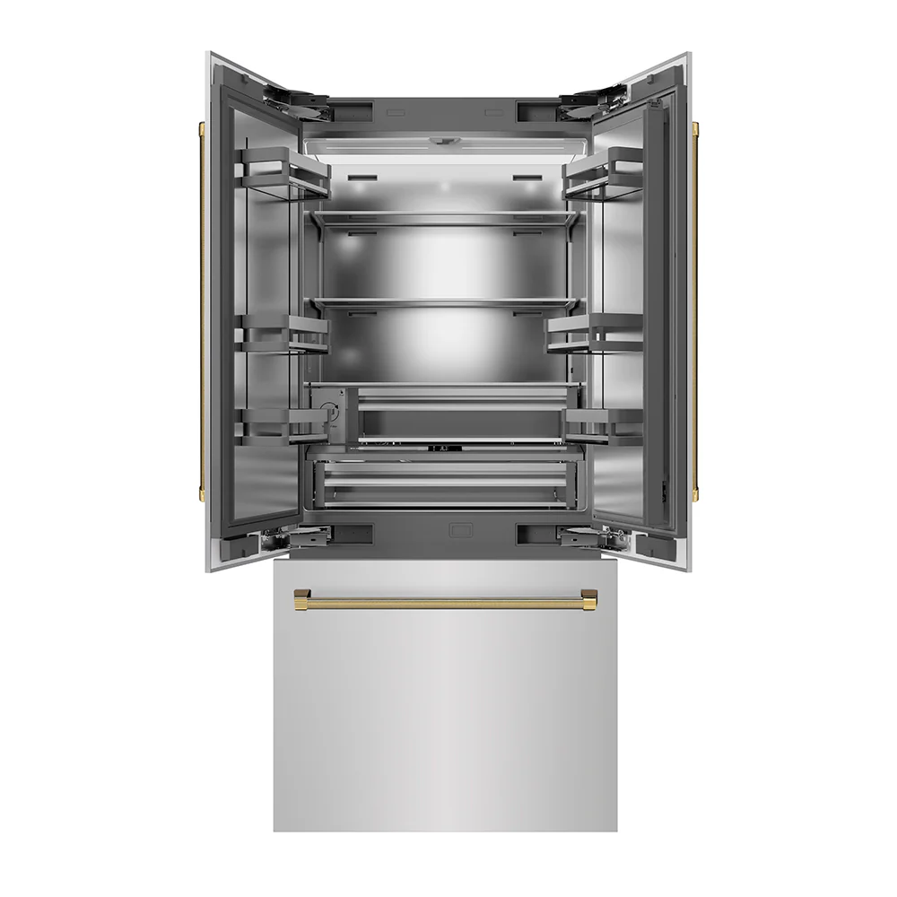 ZLINE Autograph Edition 36 in. 19.6 cu. ft. French Door Built-In Bottom Freezer Refrigerator with Water Dispenser and Ice Maker in Stainless Steel with Stainless Steel Interior and Polished Gold Helix Handles (SRBIVZ-30436KG) - Image 4