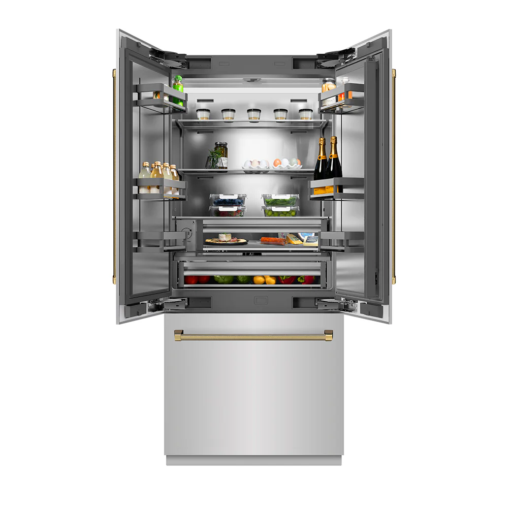 ZLINE Autograph Edition 36 in. 19.6 cu. ft. French Door Built-In Bottom Freezer Refrigerator with Water Dispenser and Ice Maker in Stainless Steel with Stainless Steel Interior and Polished Gold Helix Handles (SRBIVZ-30436KG) - Image 5